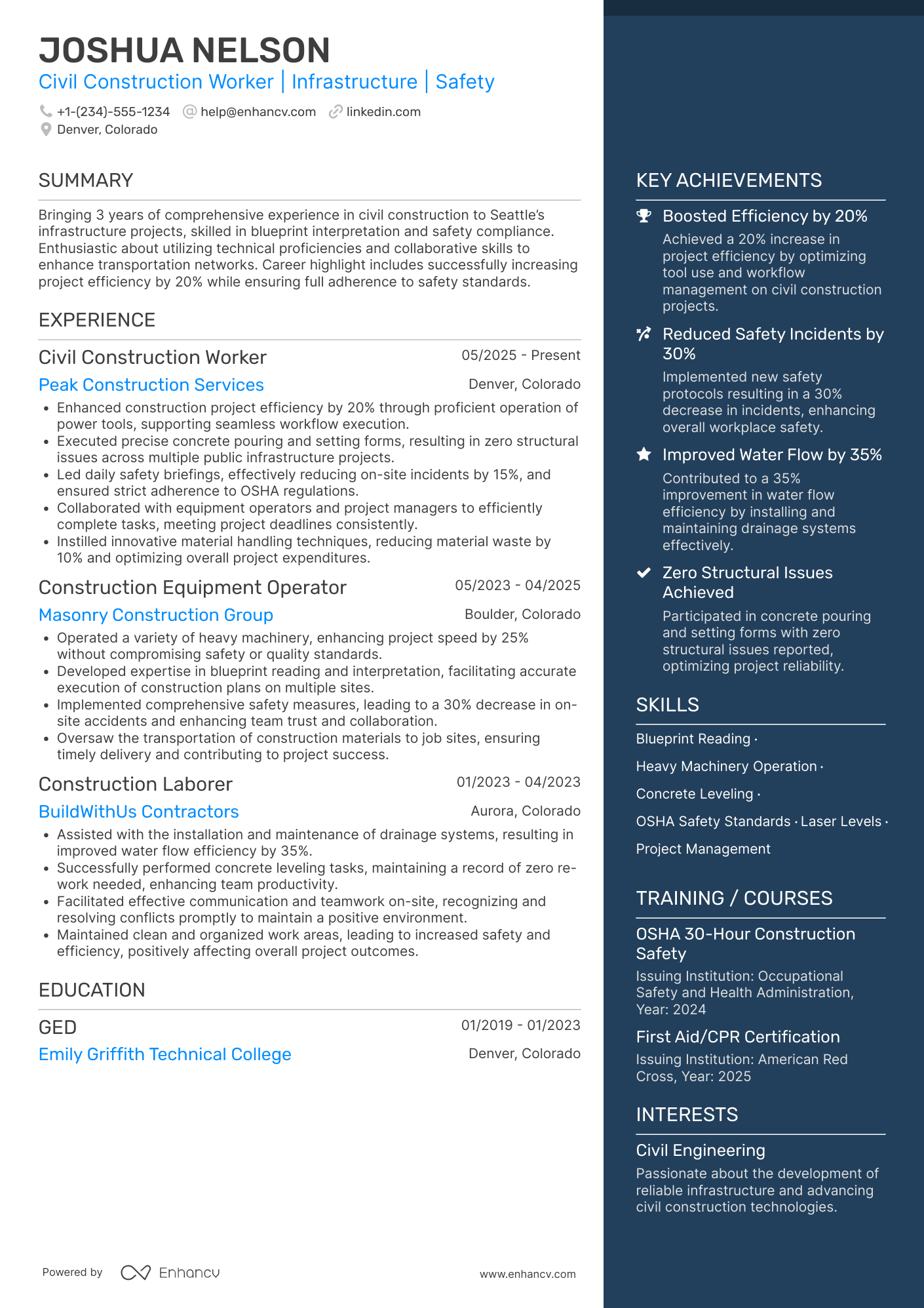 A resume example of a Civil Construction Worker