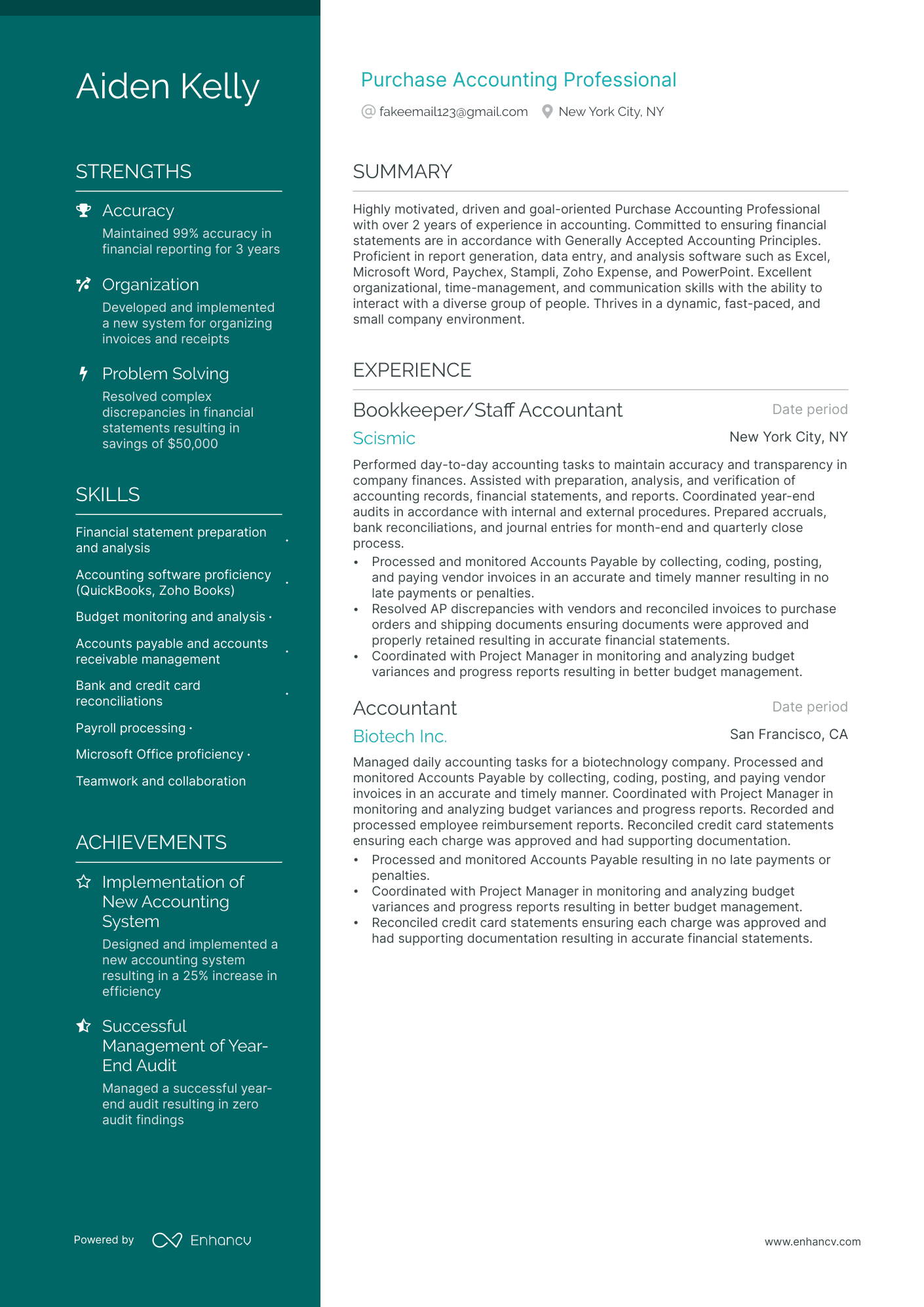 A resume example of a Purchase Accounting