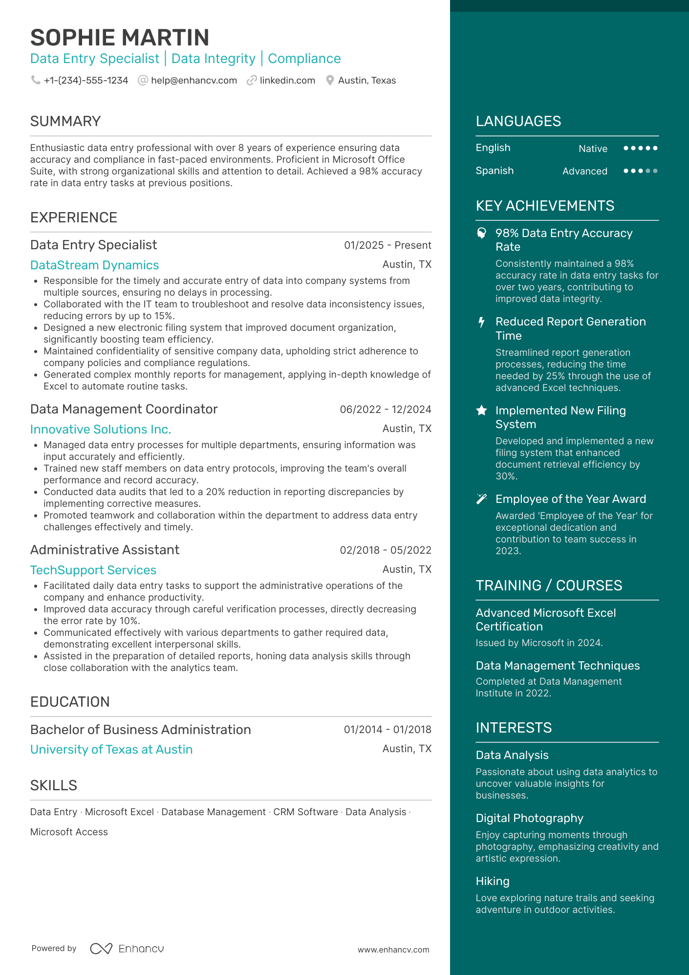 A resume example of a Data Entry Administrator