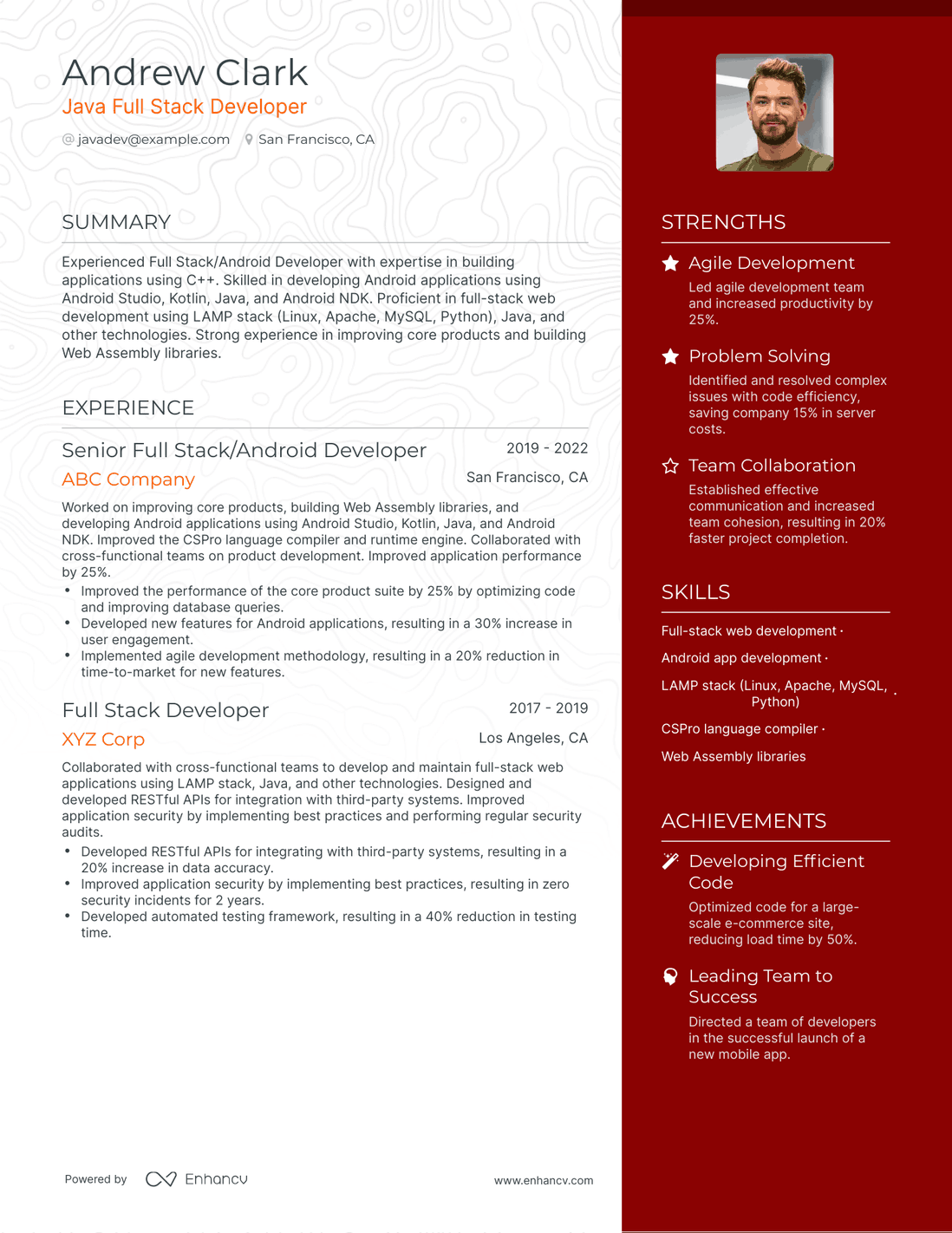 One Page Java Full Stack Developer Resume Template