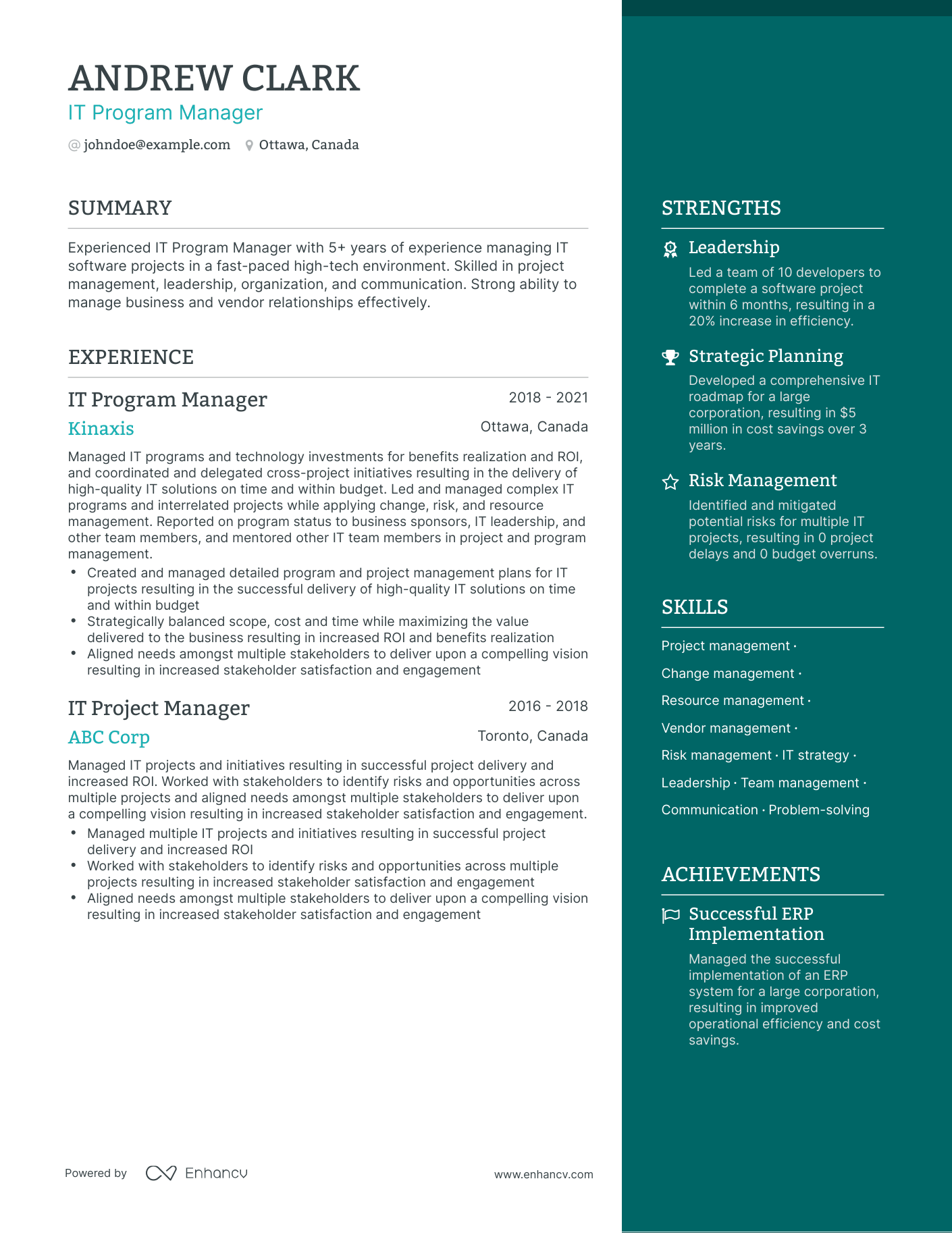 One Page IT Program Manager Resume Template