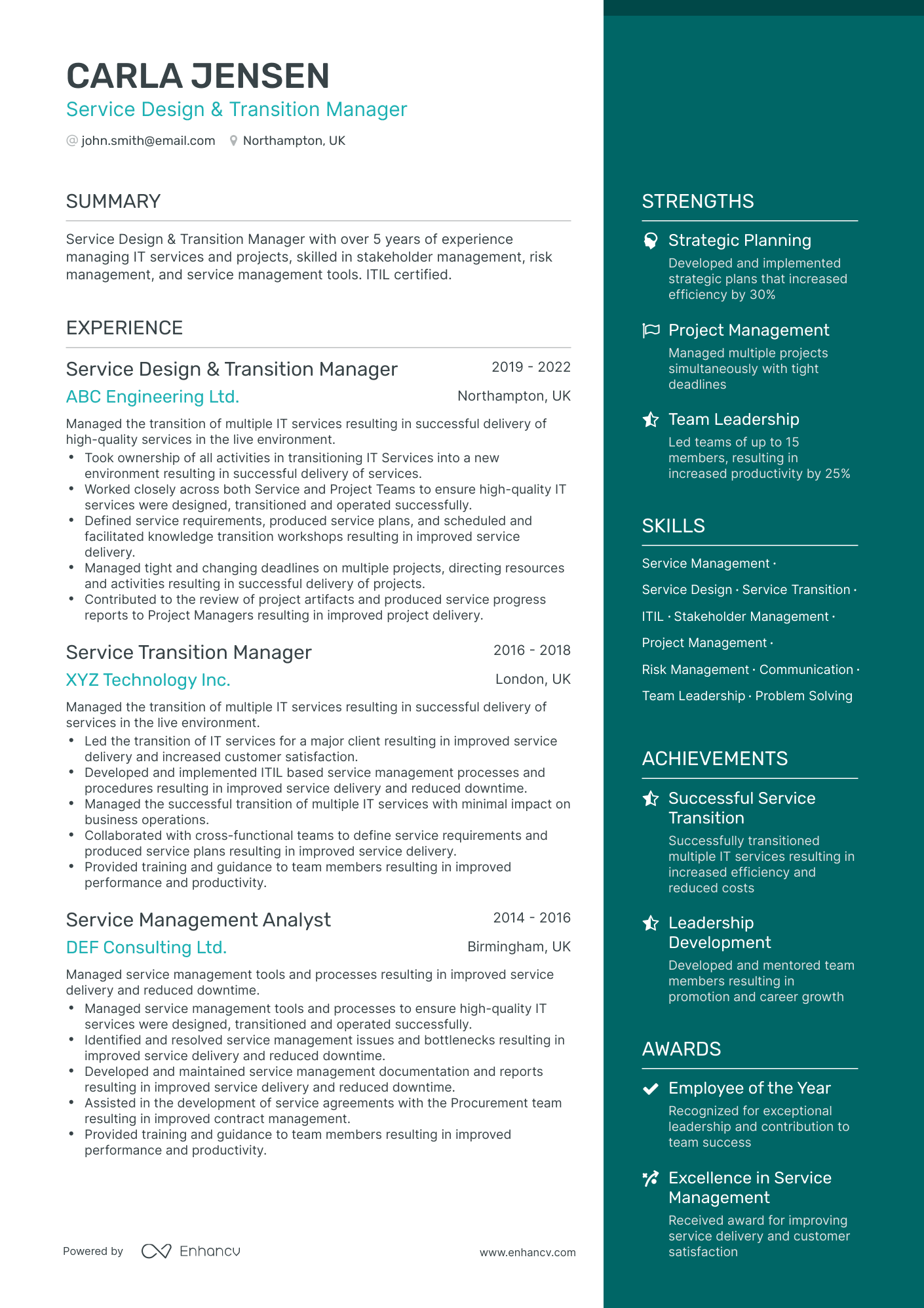 One Page Transition Manager Resume Template