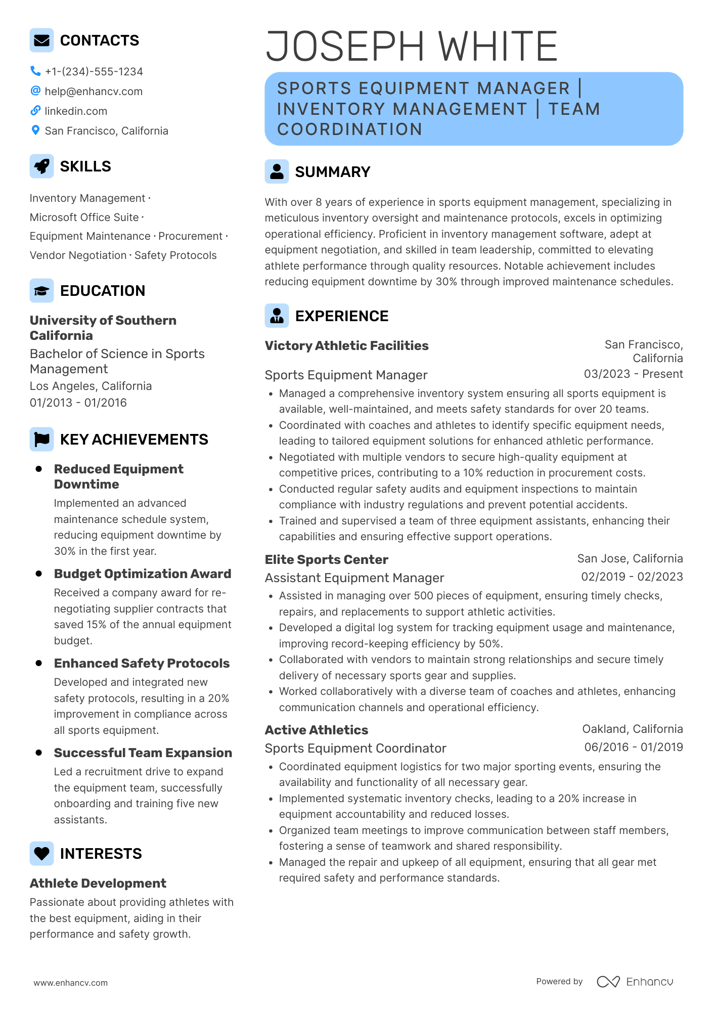 A resume example of a Sports Equipment Manager