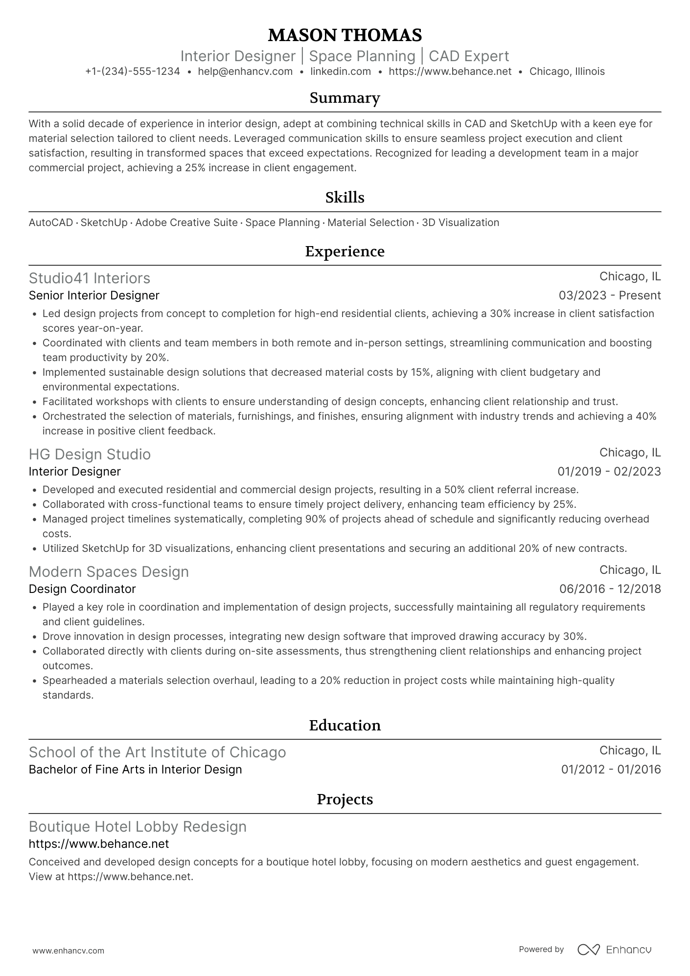A resume example of a Mid Level Interior Designer