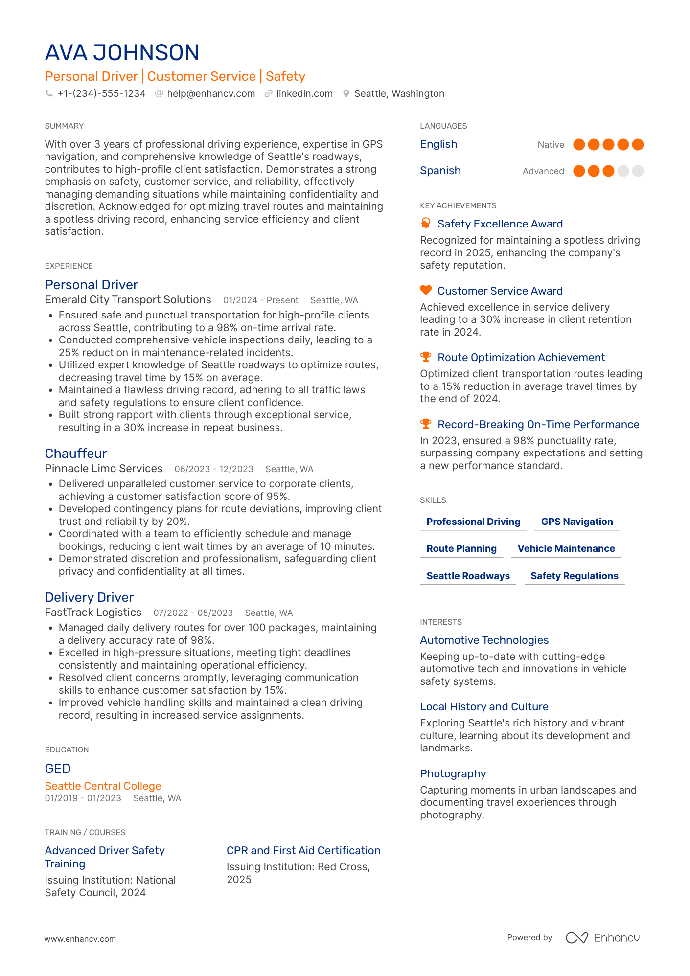 A resume example of a Personal Driver