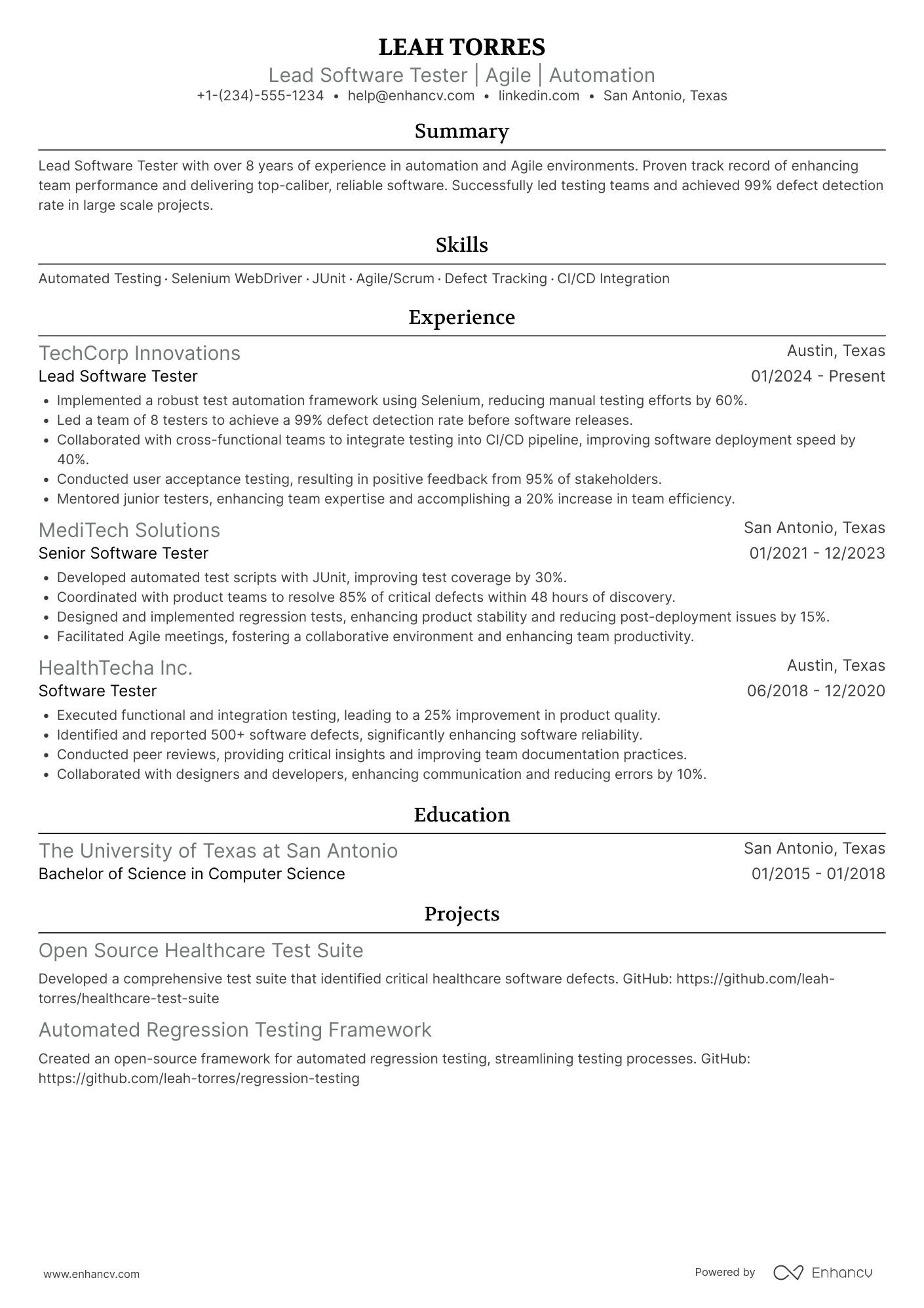 A resume example of a Lead Software Tester