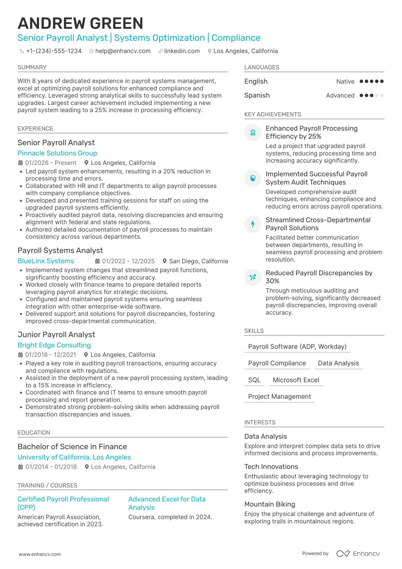 A resume example of a Payroll Systems Analyst