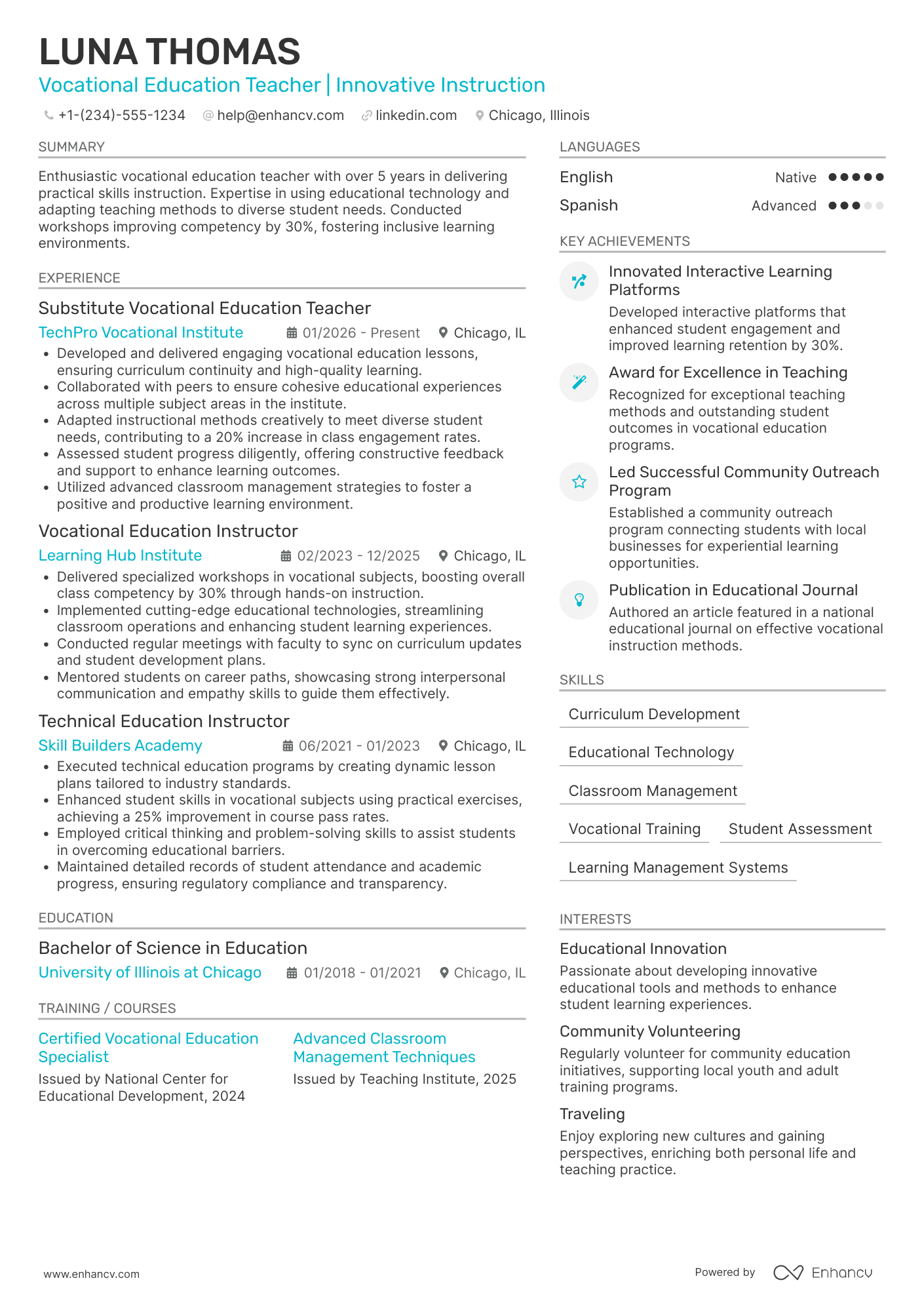 A resume example of a Substitute Vocational Education Teacher