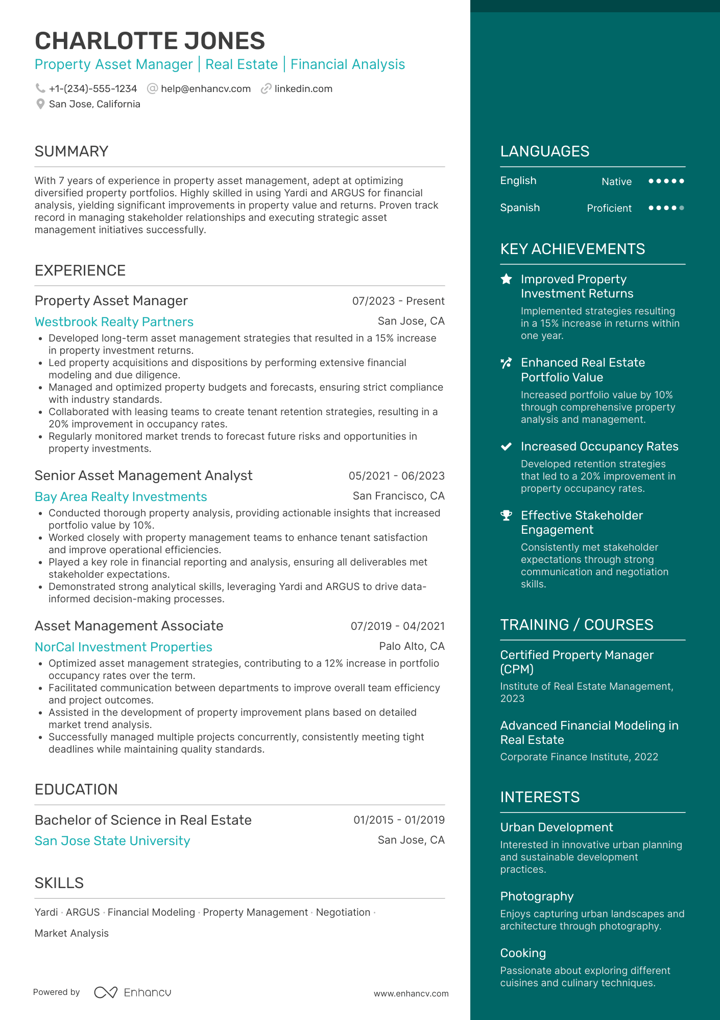 A resume example of a Property Asset Manager