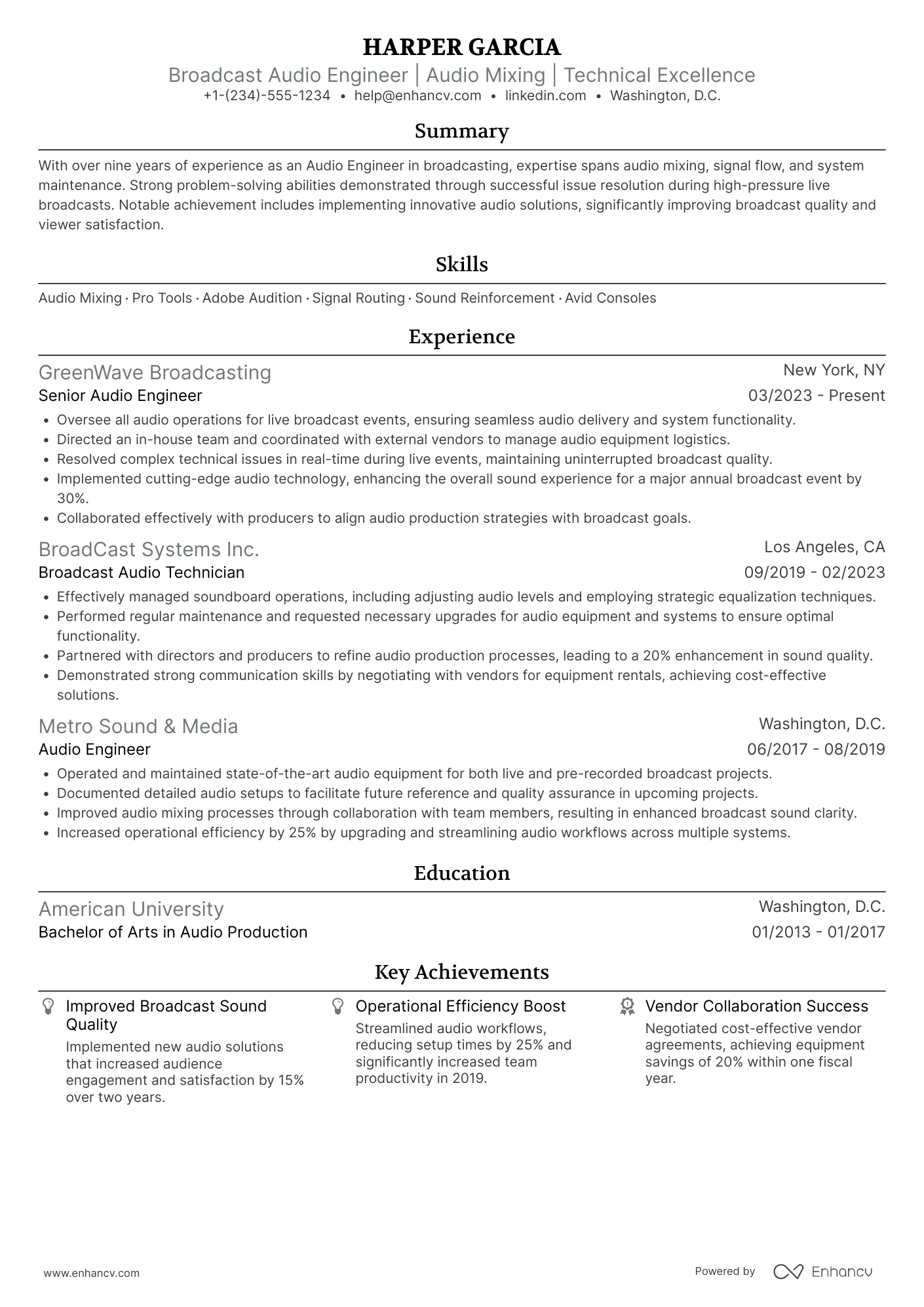 A resume example of a Broadcast Audio Engineer