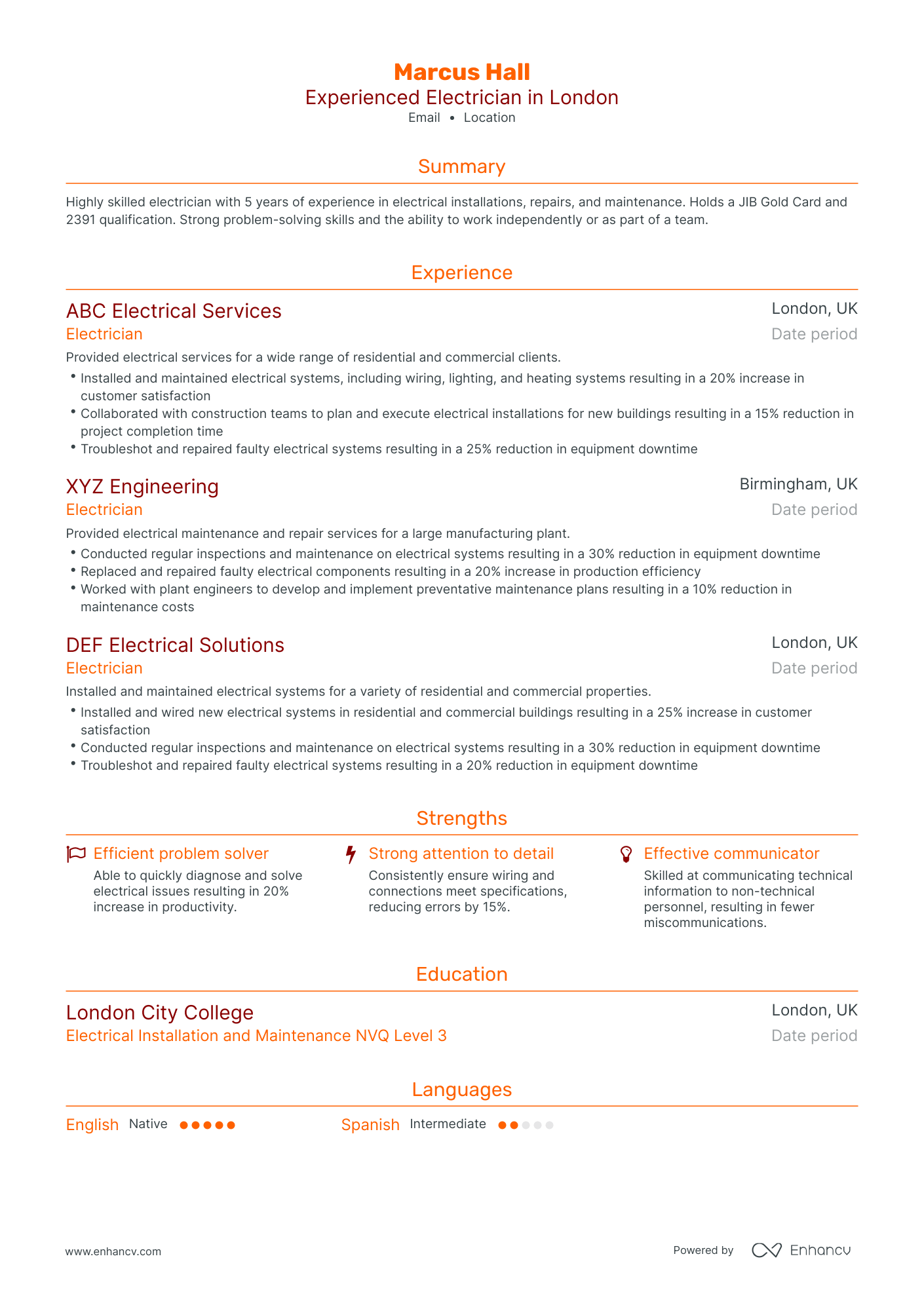 Traditional Electrician Resume Template