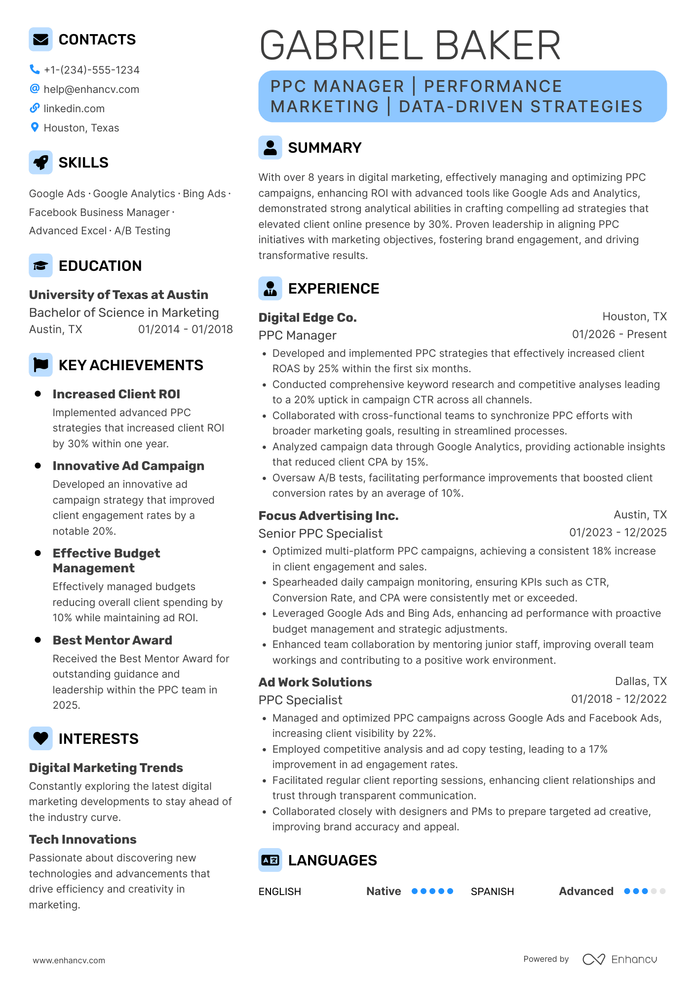 A resume example of a PPC Manager