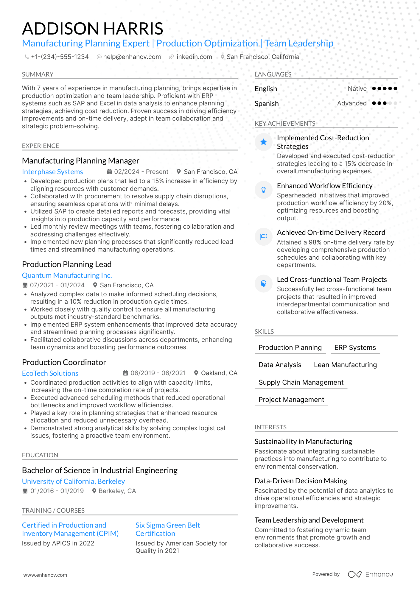 A resume example of a Manufacturing Planning Manager