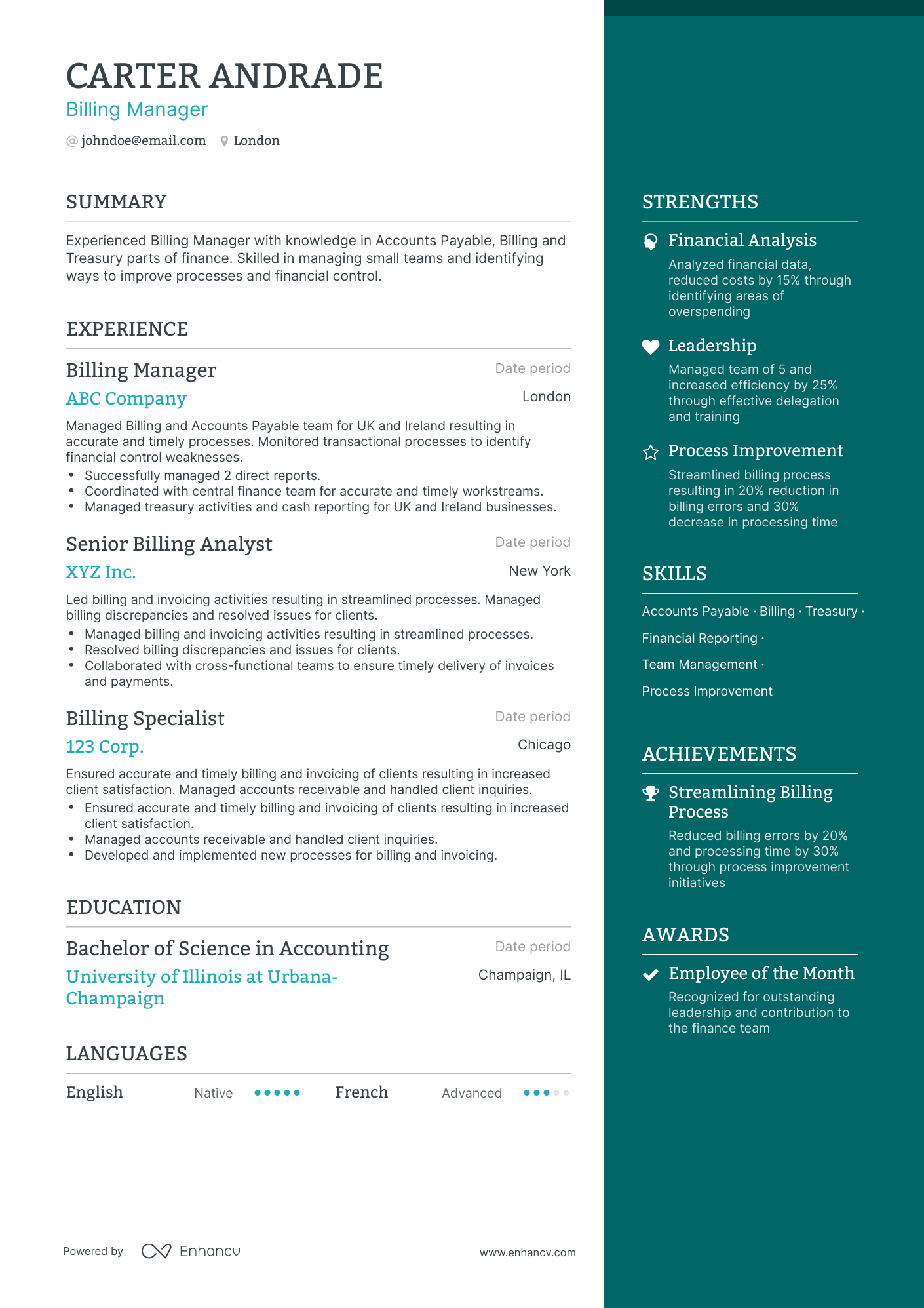 One Page Billing Manager Resume Template