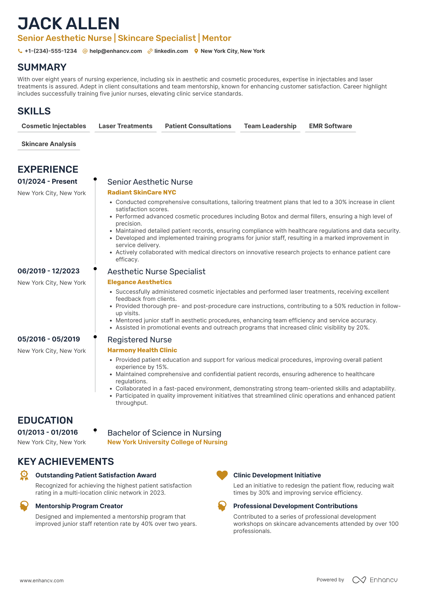A resume example of a Senior Aesthetic Nurse