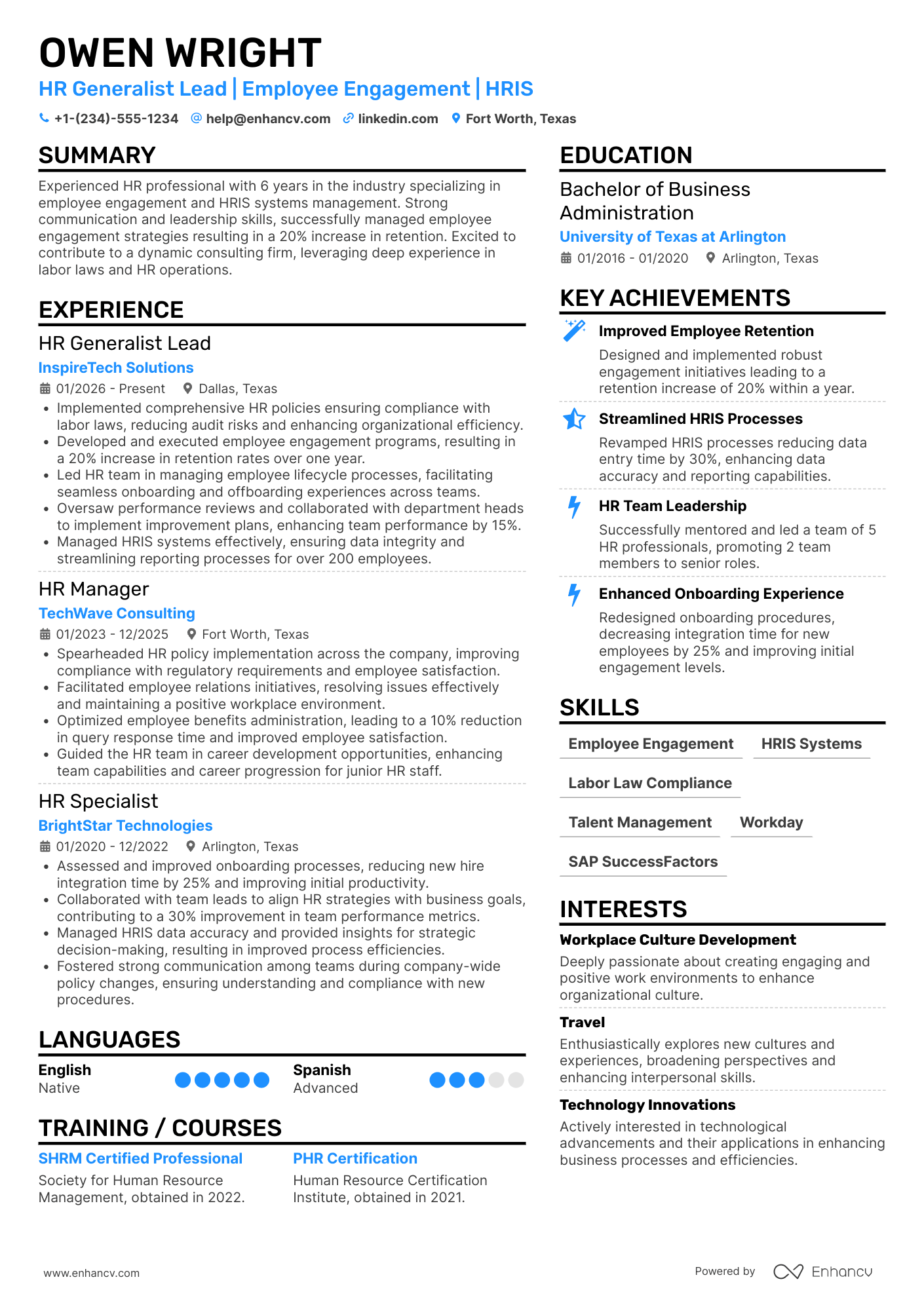 A resume example of a HR Generalist Lead