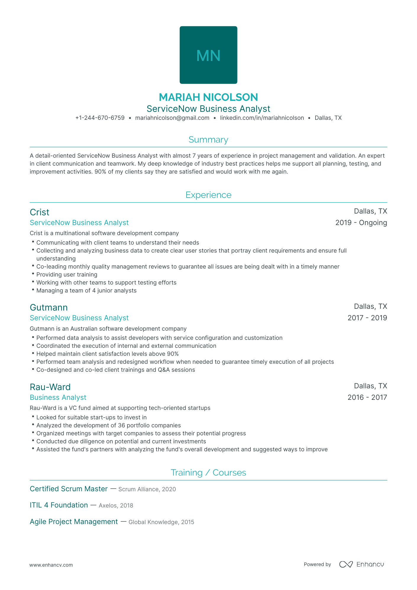 Traditional ServiceNow Business Analyst Resume Template