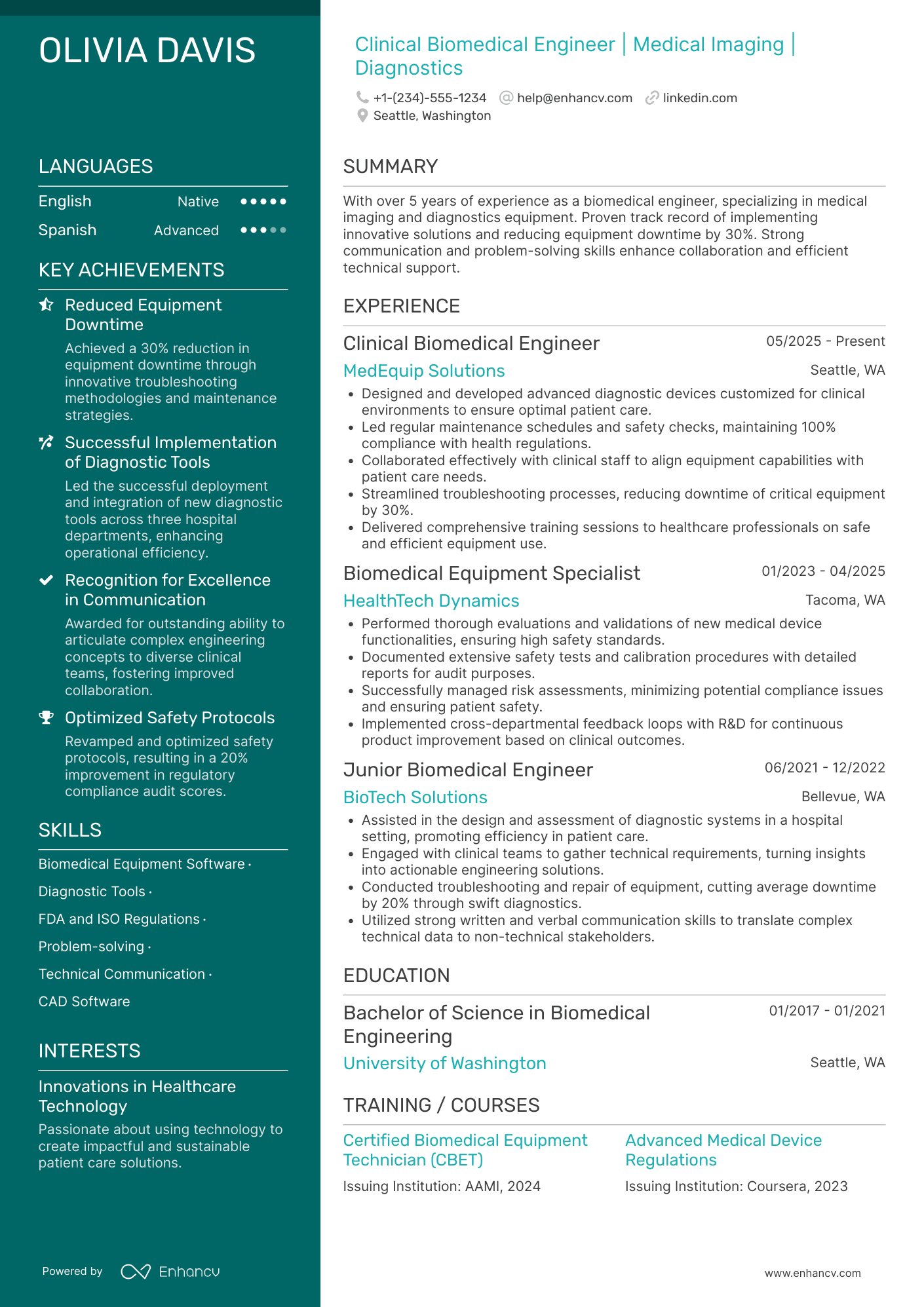 A resume example of a Clinical Biomedical Engineer