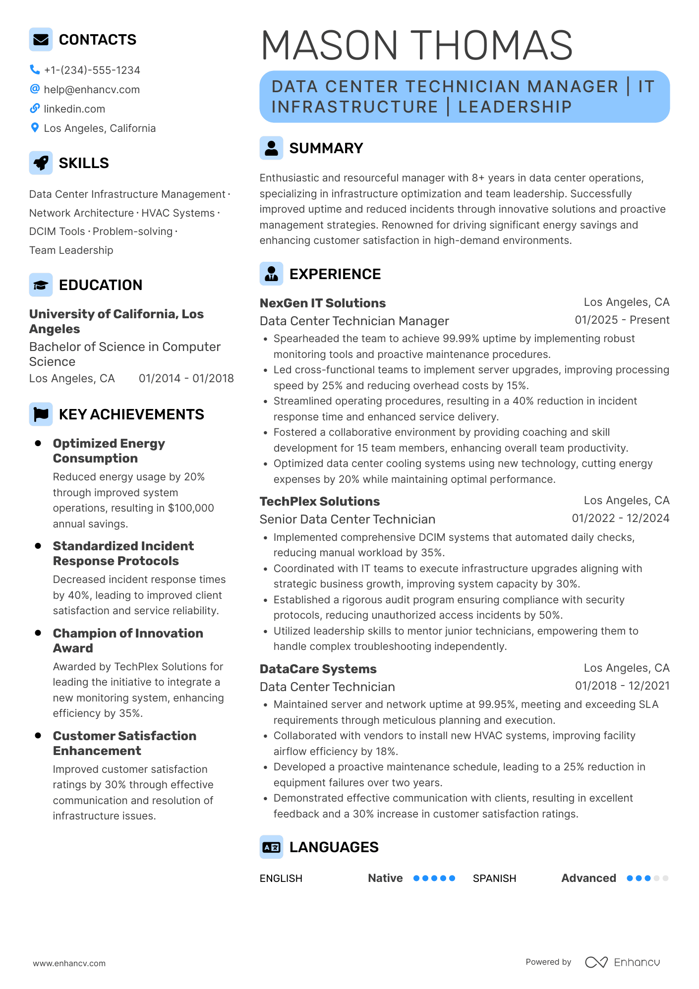 A resume example of a Data Center Technician Manager