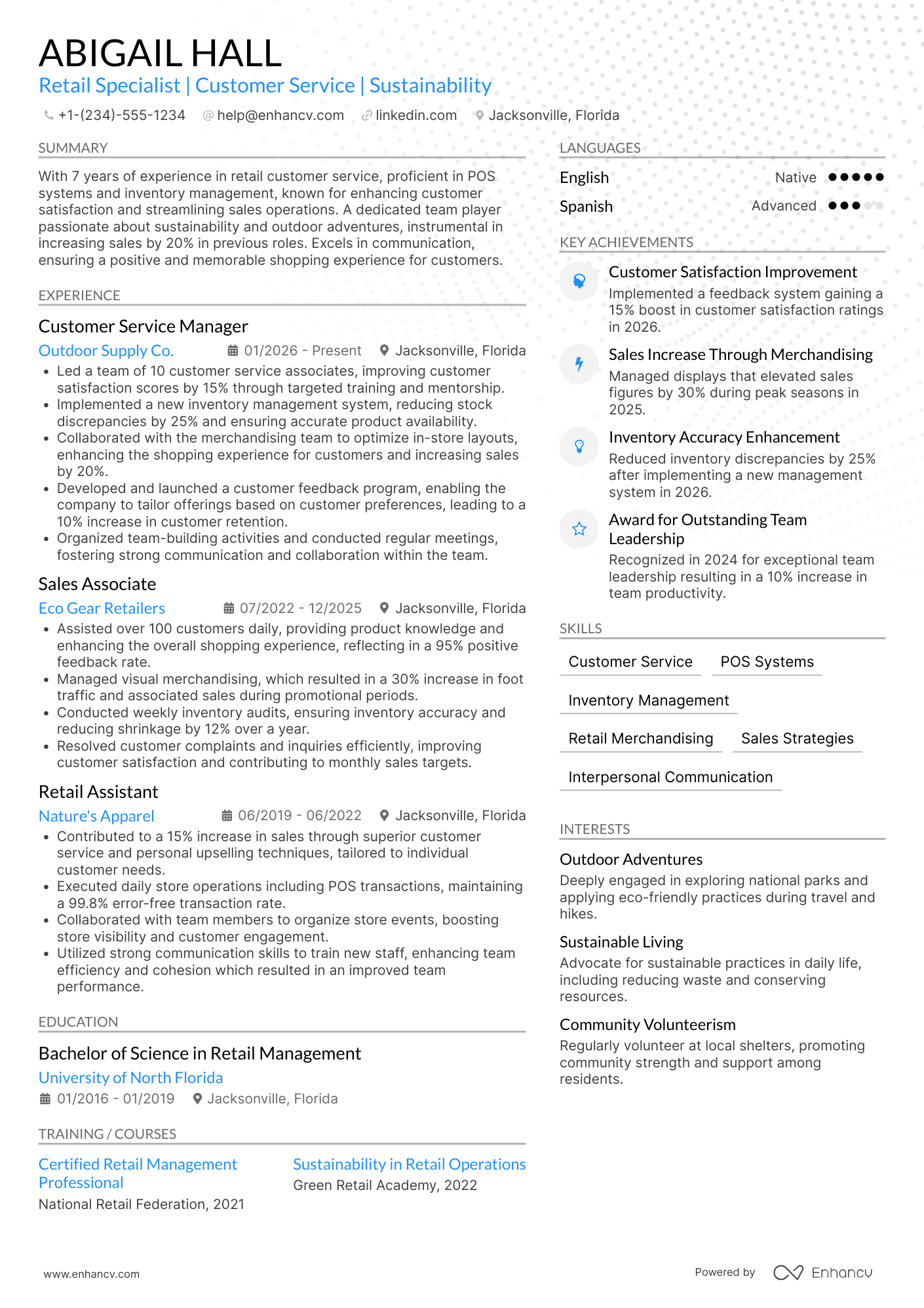 A resume example of a Customer Service Retail Assistant
