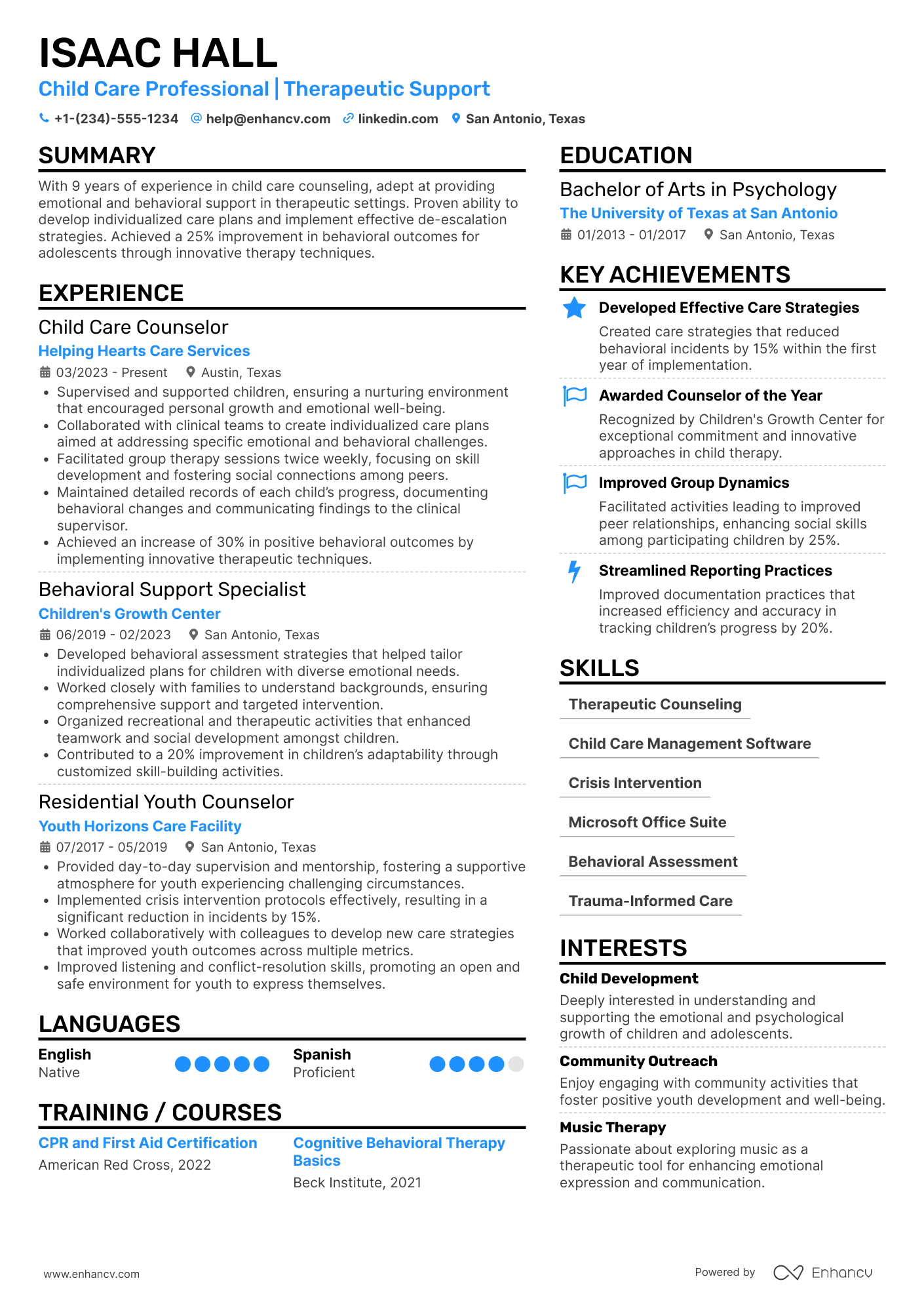A resume example of a Child Care Counselor