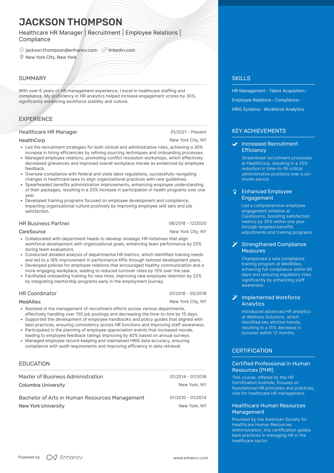 A resume example of a Healthcare HR Manager