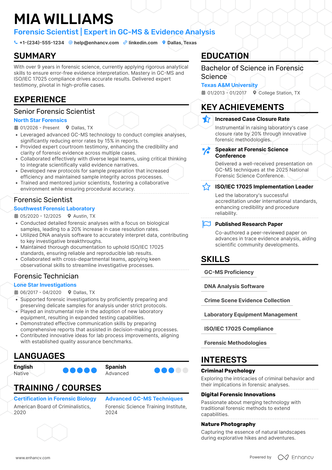 A resume example of a Forensic Scientist