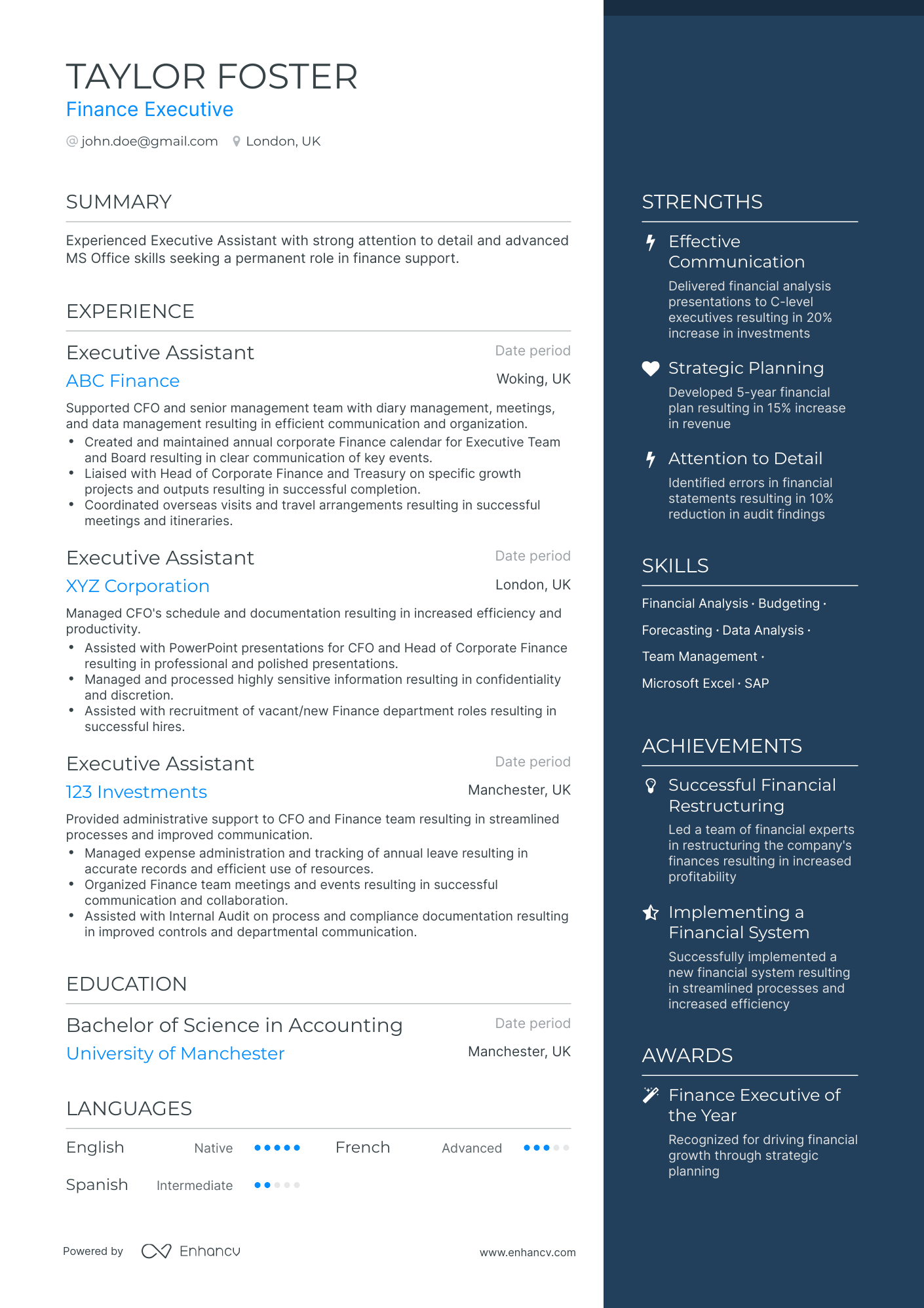 One Page Finance Executive Resume Template