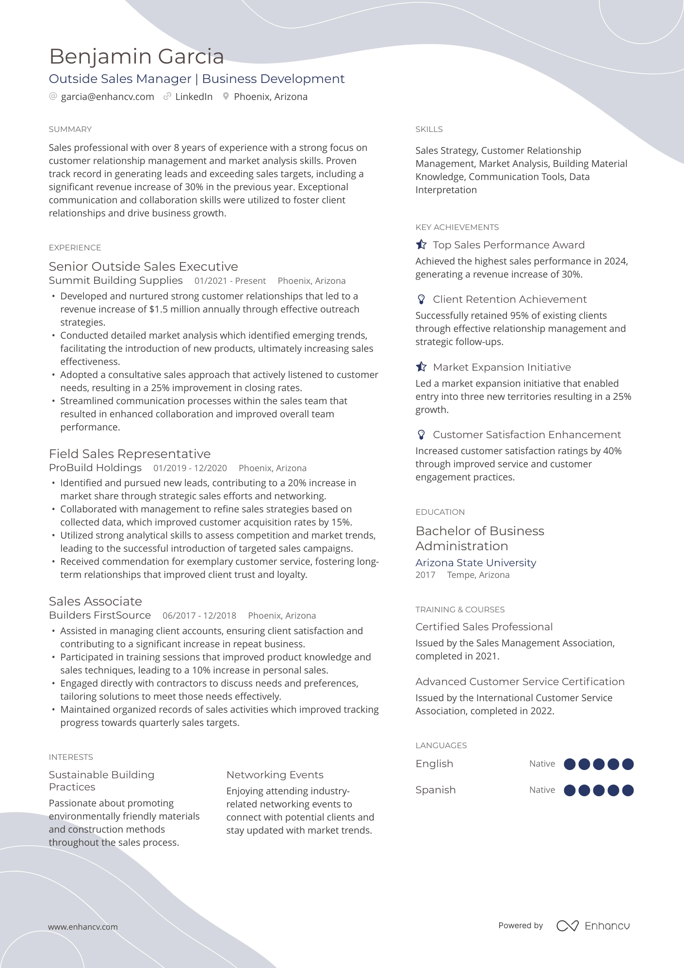 A resume example of a Outside Sales Manager