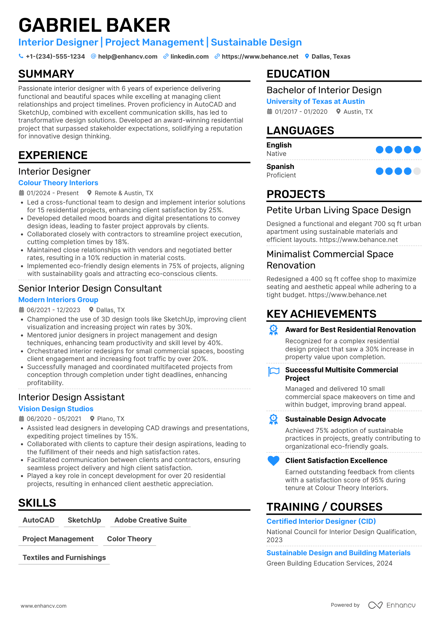 A resume example of a Freelance Interior Designer
