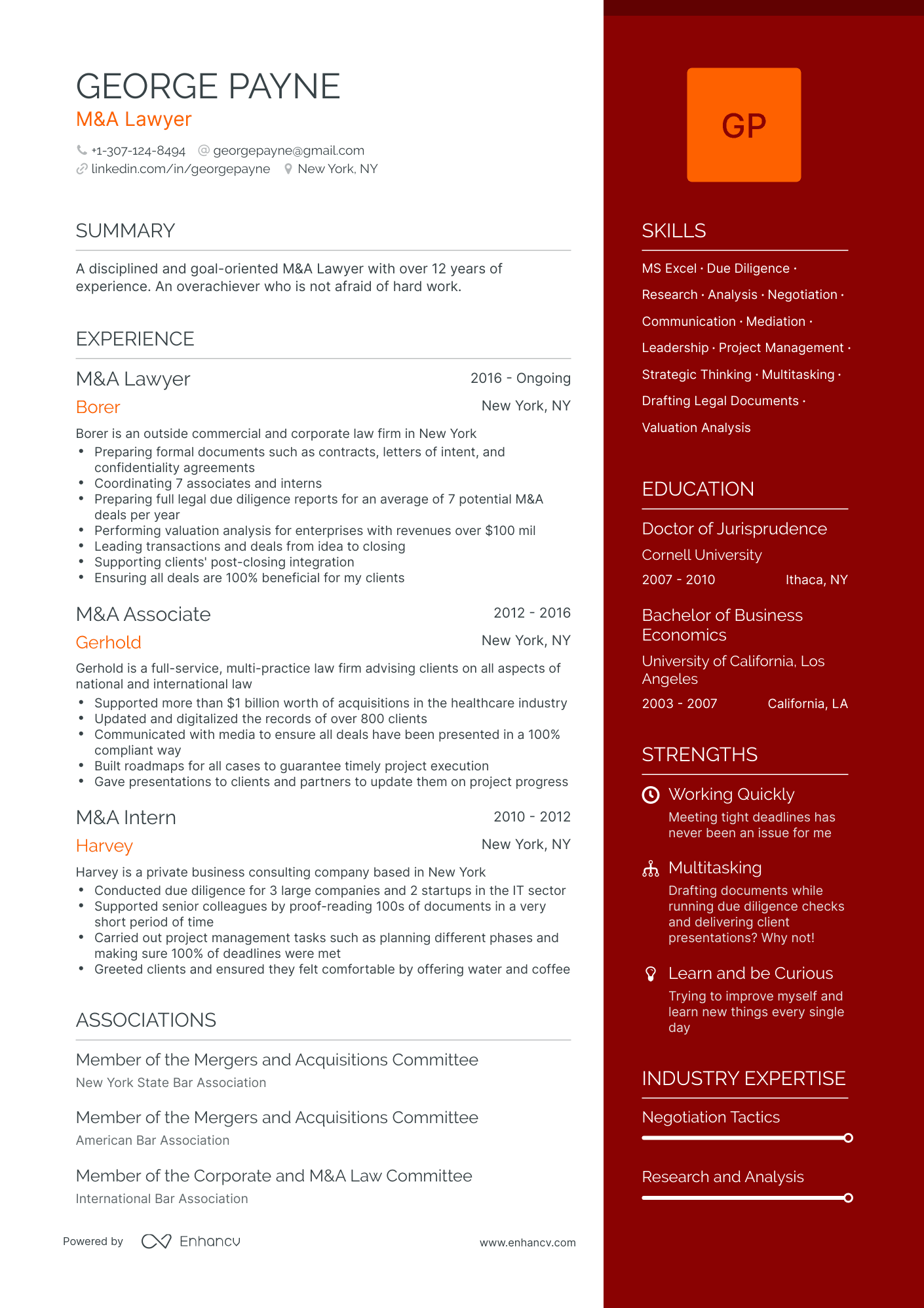 One Page M&A Lawyer Resume Template