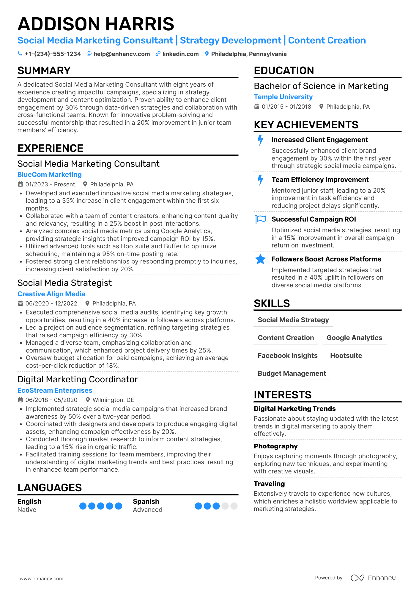 A resume example of a Social Media Marketing Consultant