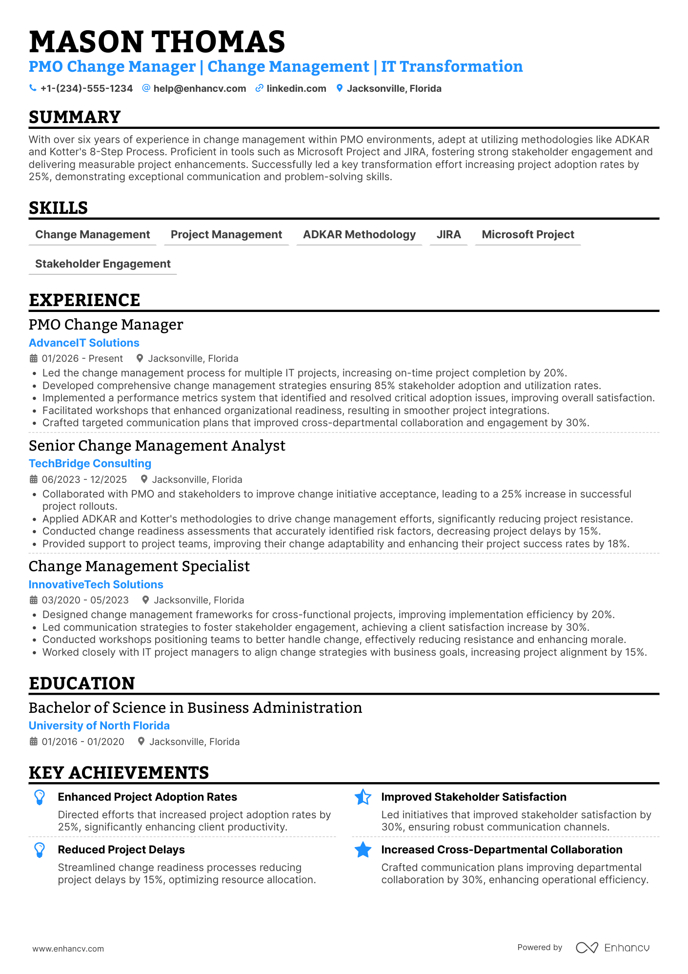 A resume example of a PMO Change Manager