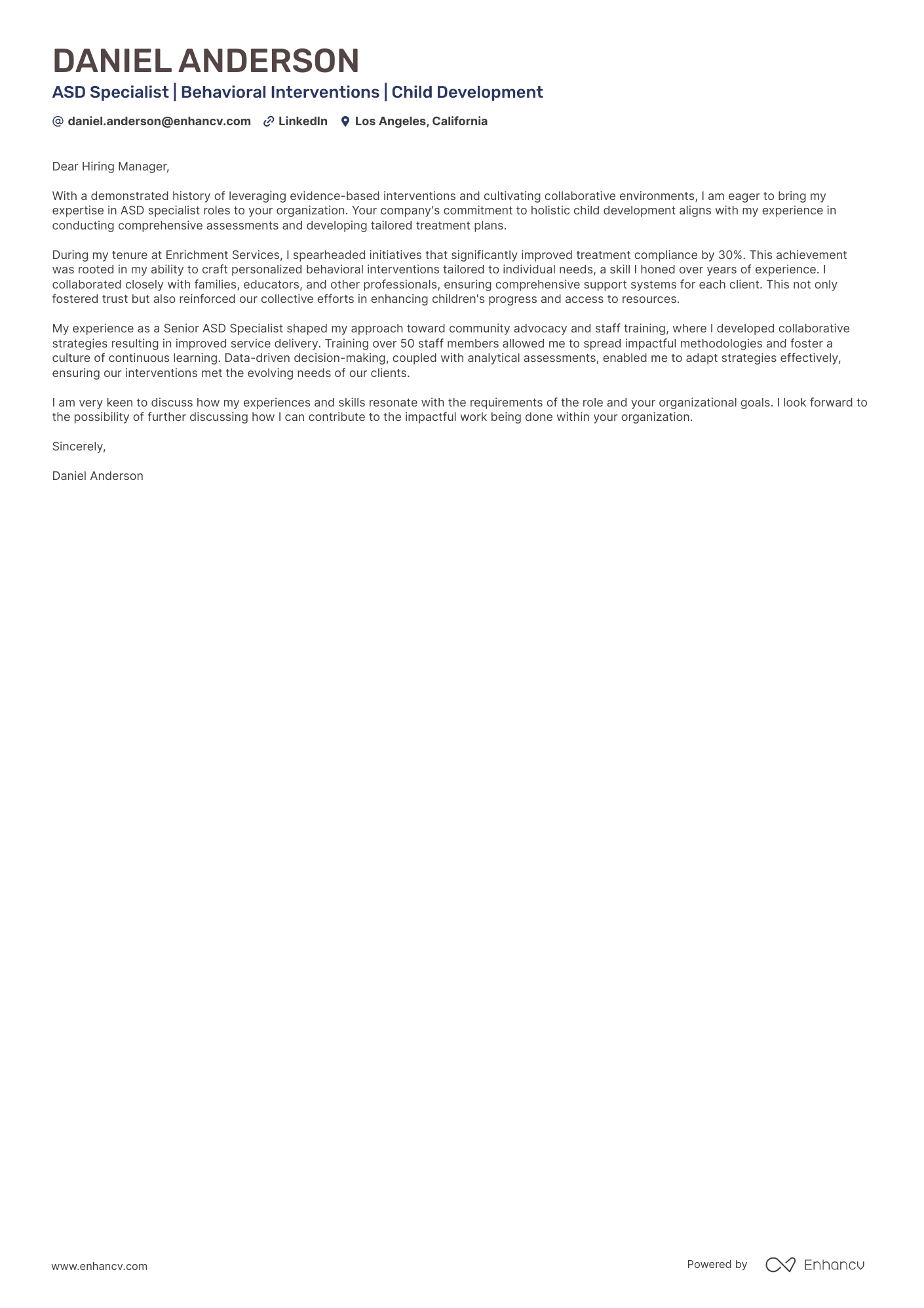 A resume example of a Autism Spectrum Disorder (ASD) Specialist