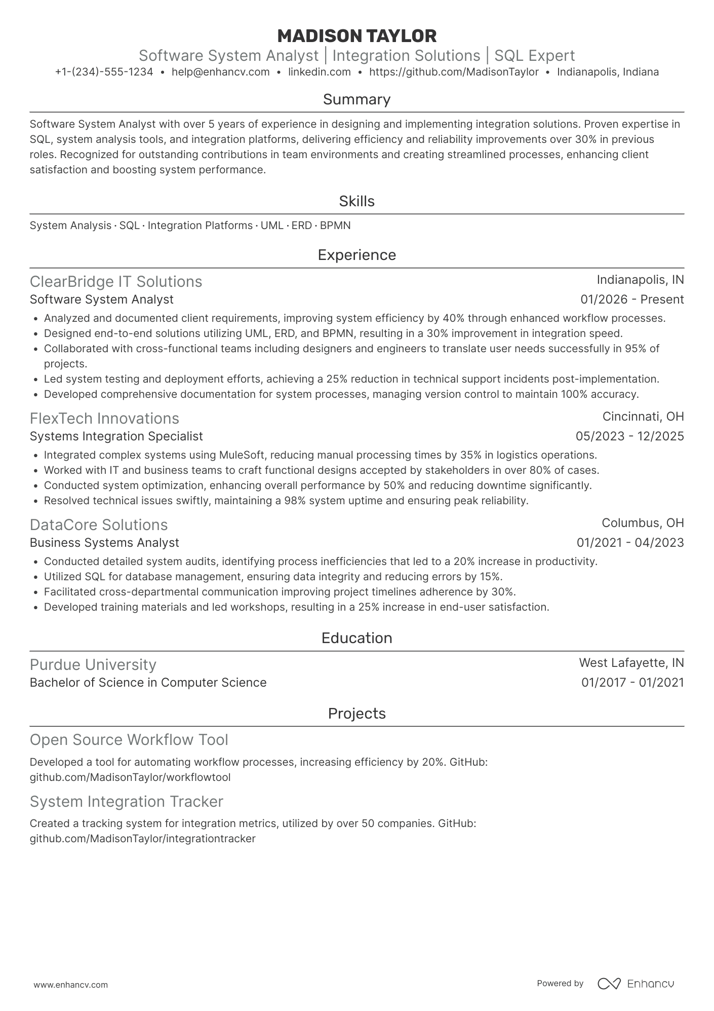 A resume example of a Software System Analyst