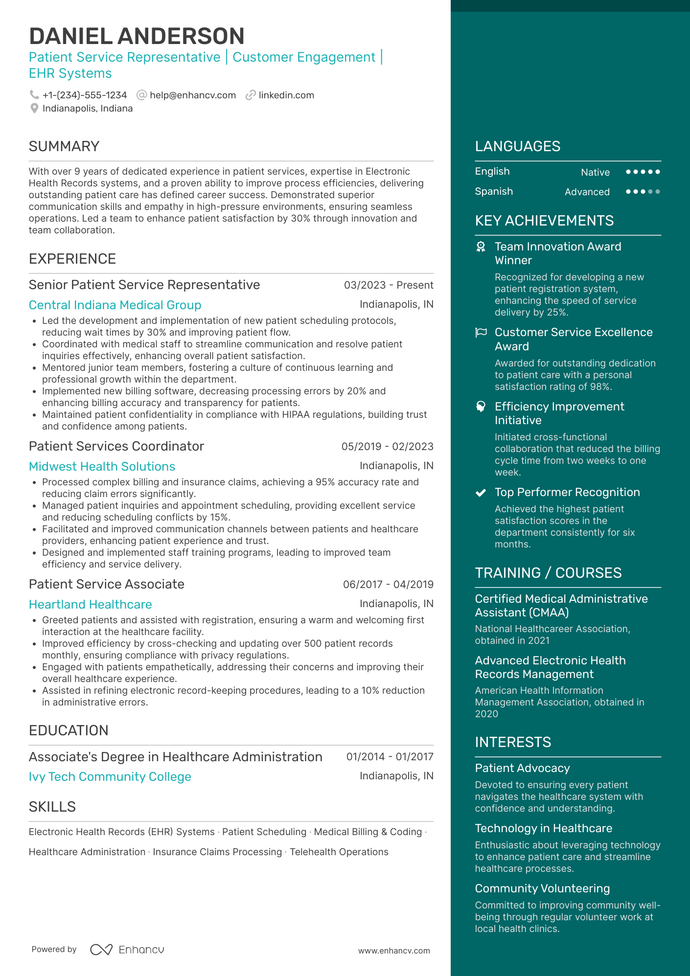 A resume example of a Patient Service Representative II