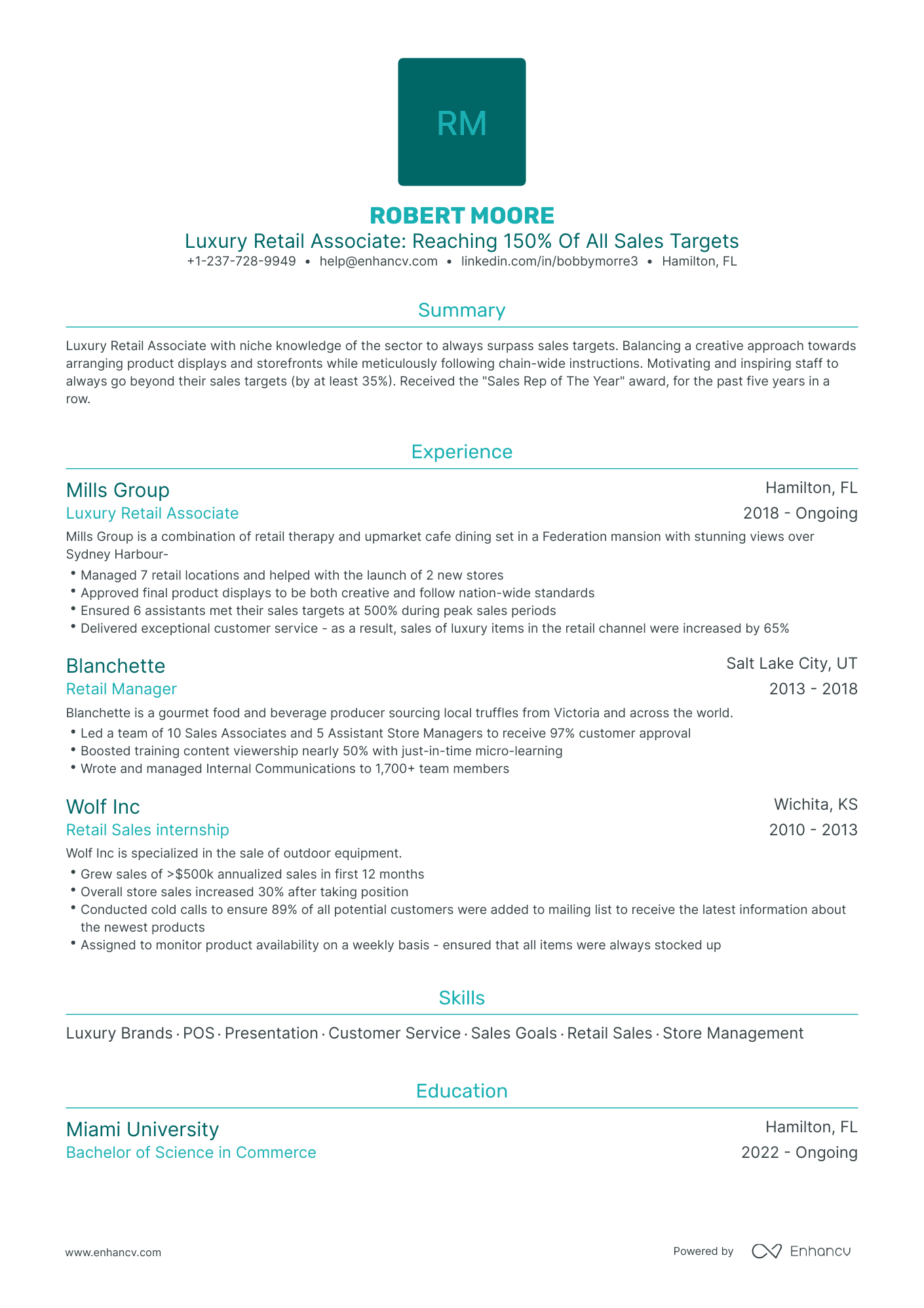 Traditional Luxury Retail Resume Template