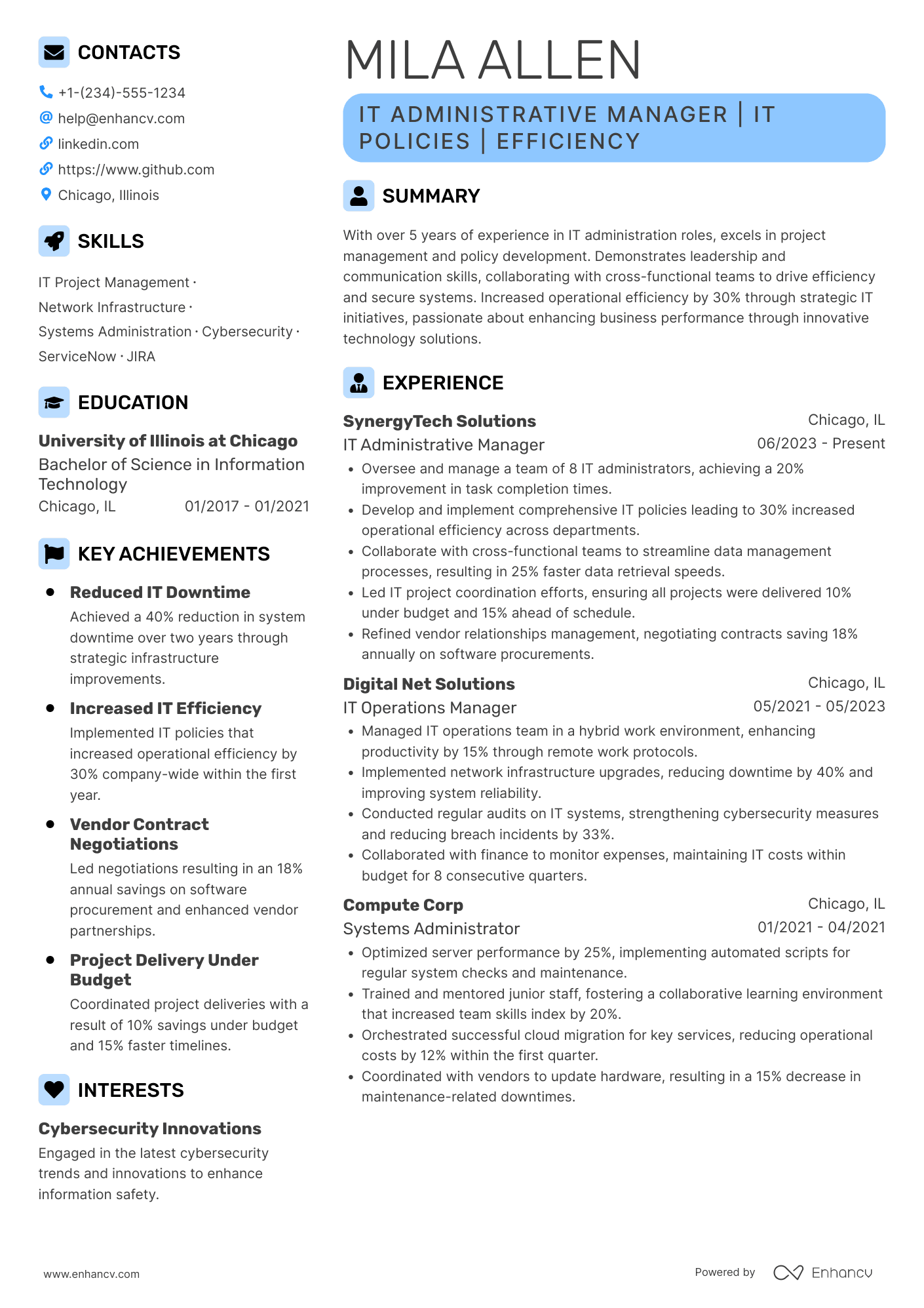 A resume example of a IT Administrative Manager