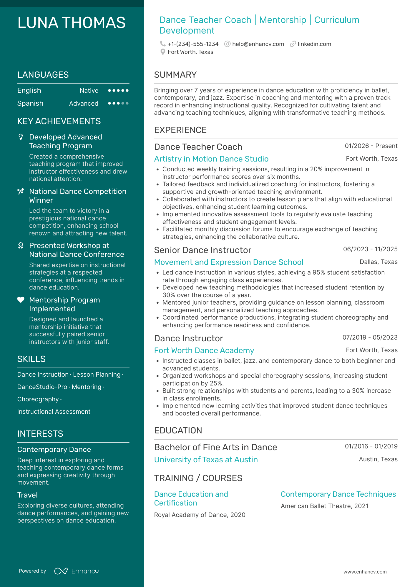 A resume example of a Dance Teacher Coach