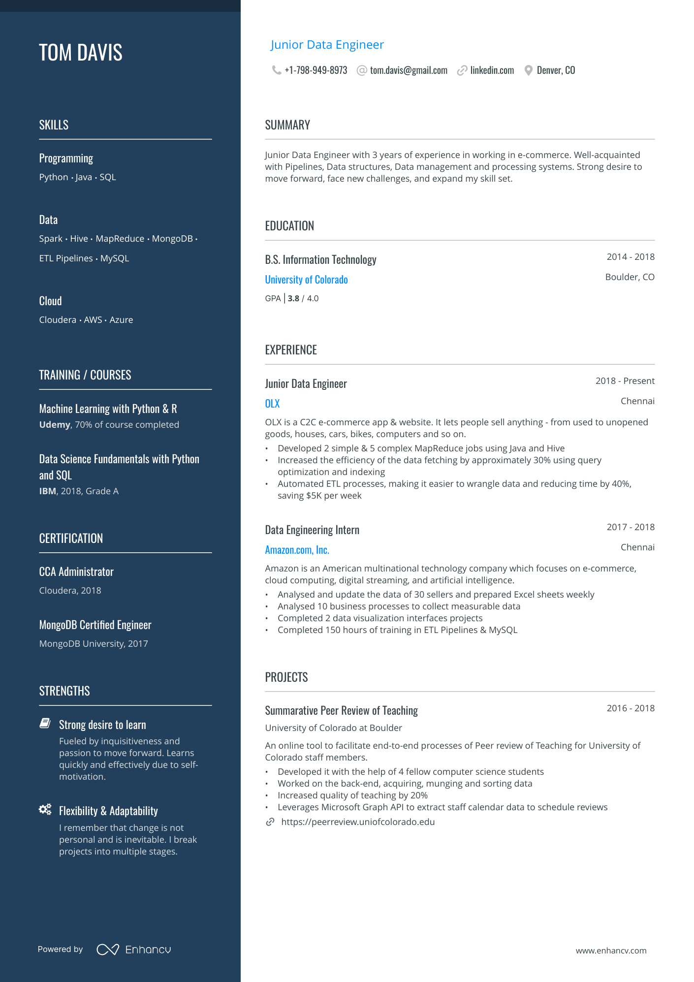 A resume example of a Junior Data Engineer