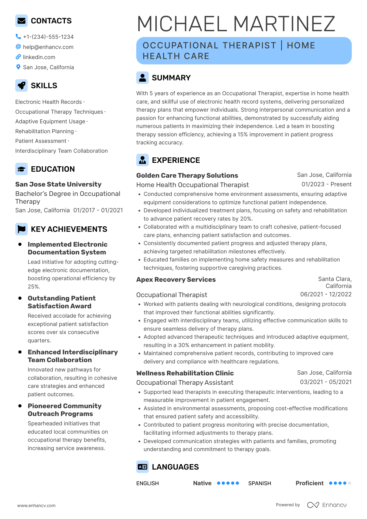 A resume example of a Home Health Occupational Therapist