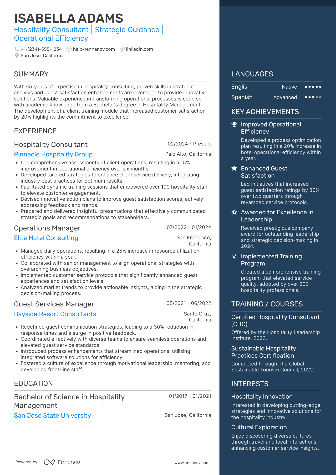 A resume example of a Hospitality Consultant