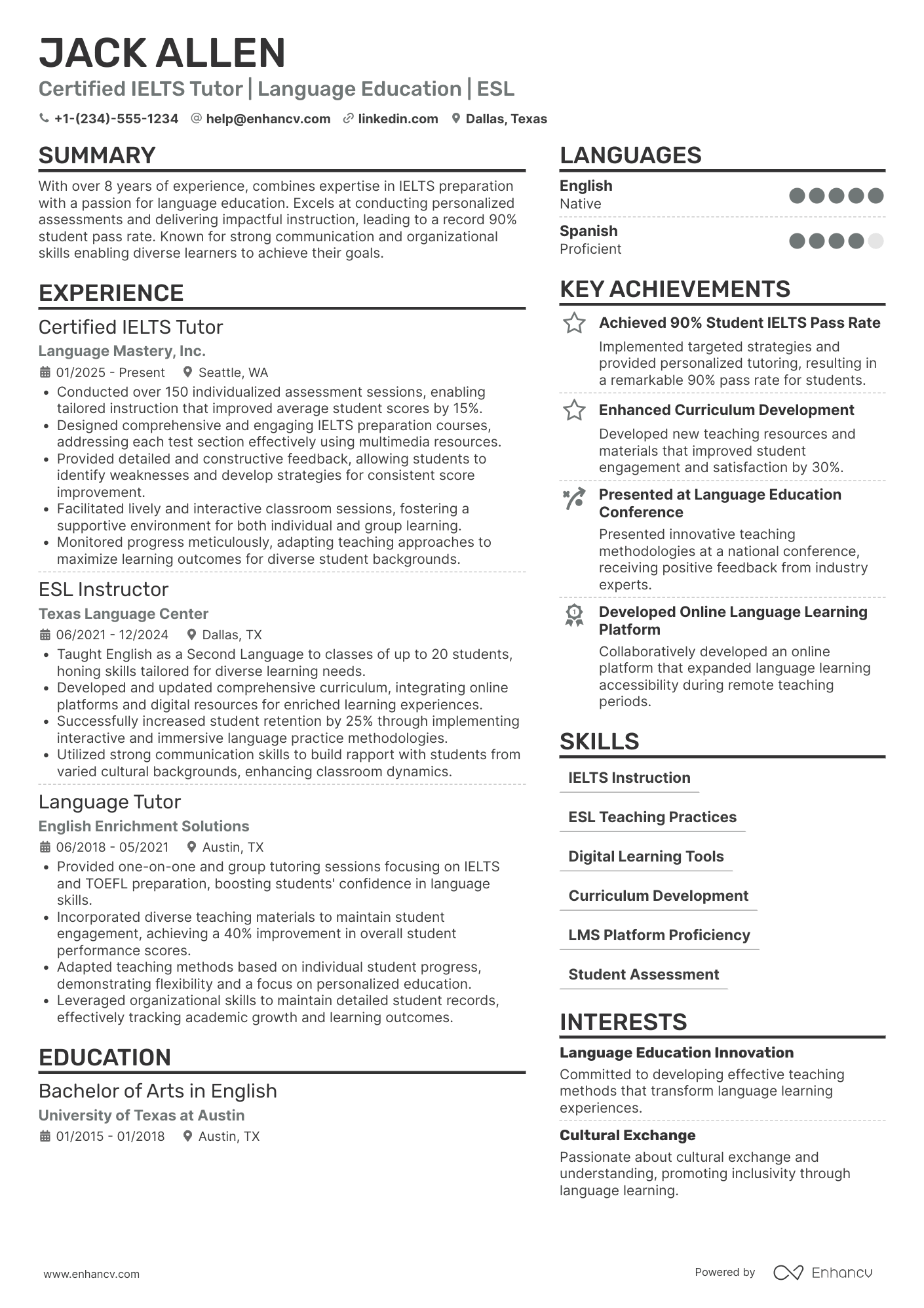 A resume example of a Certified IELTS Tutor