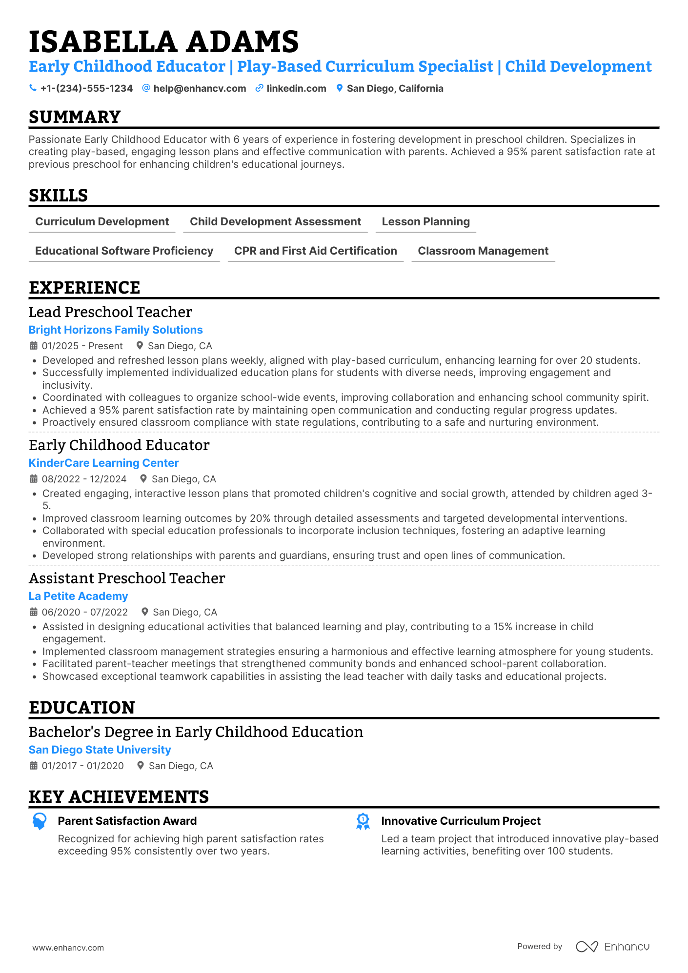 A resume example of a Early Childhood Educator Preschool Teacher