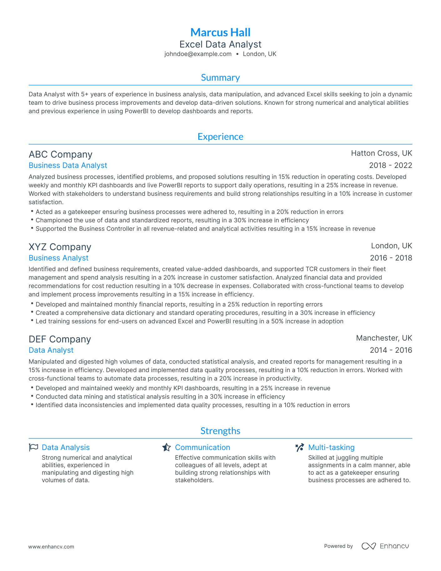 Traditional Excel Data Analyst Resume Template