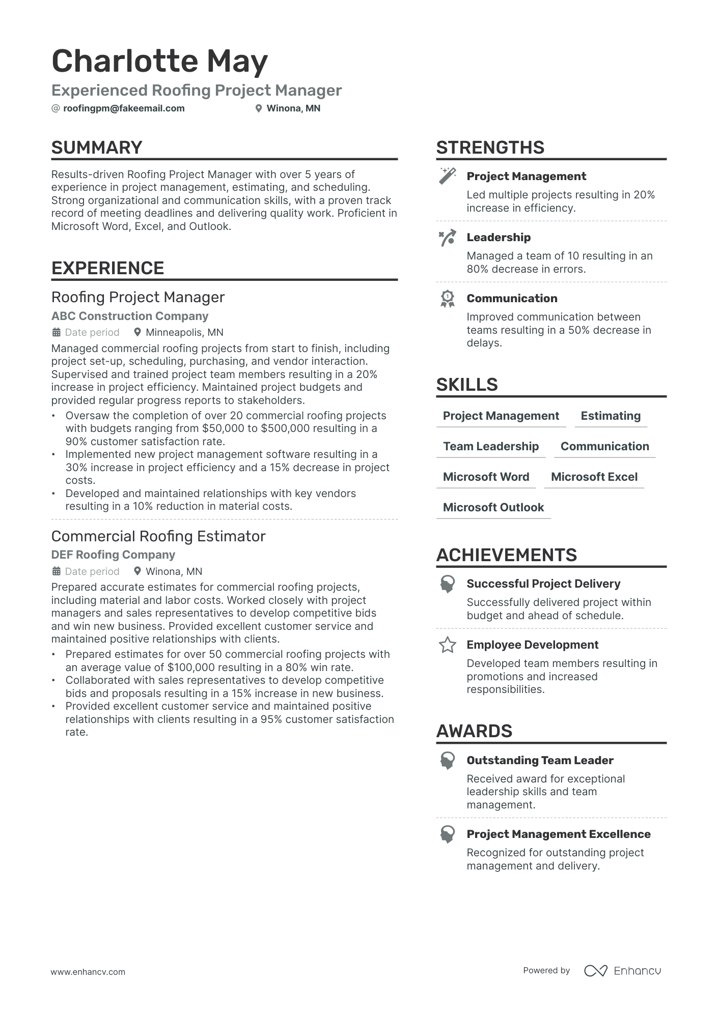 A resume example of a Roofing Project Manager