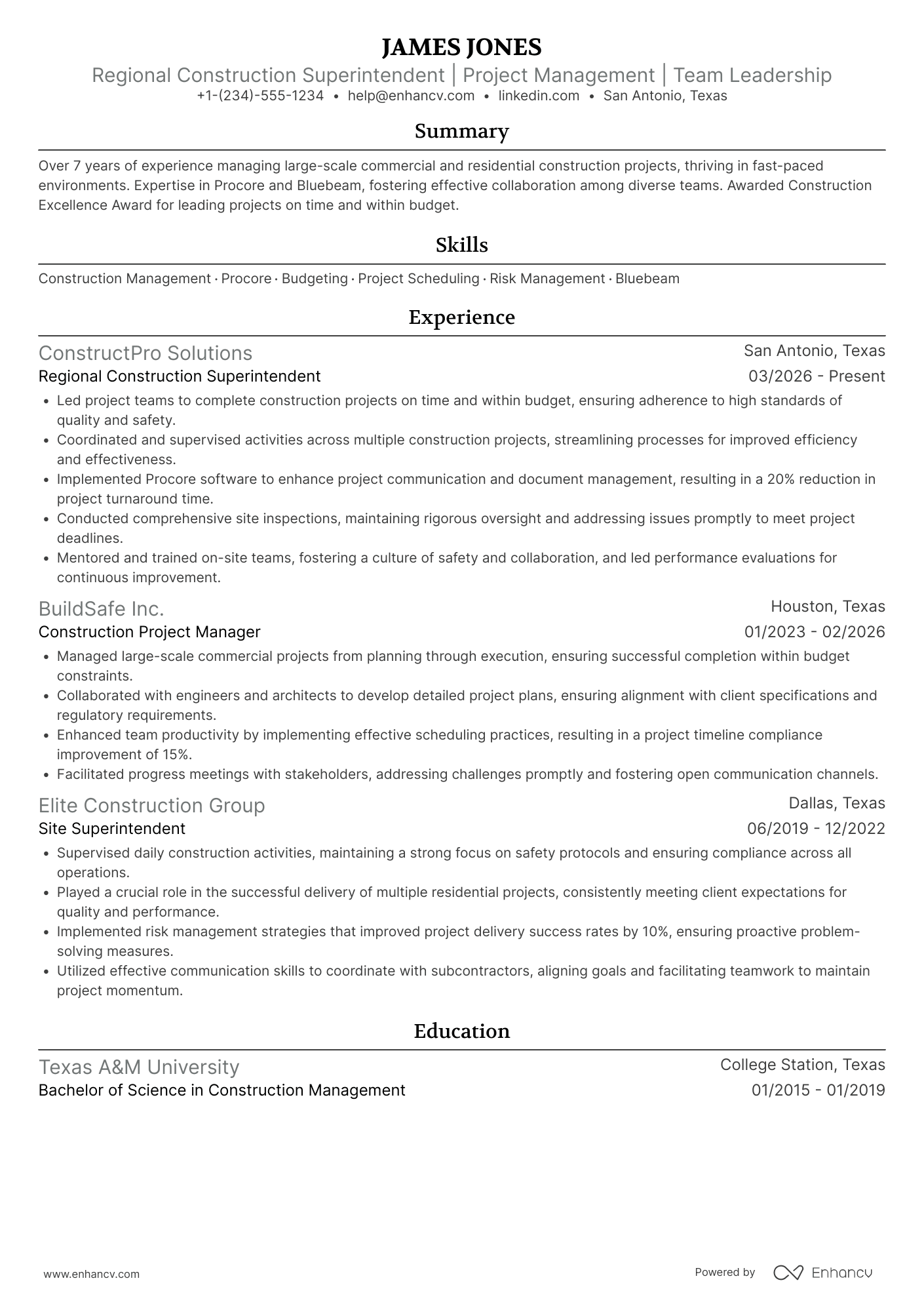 A resume example of a Regional Construction Superintendent