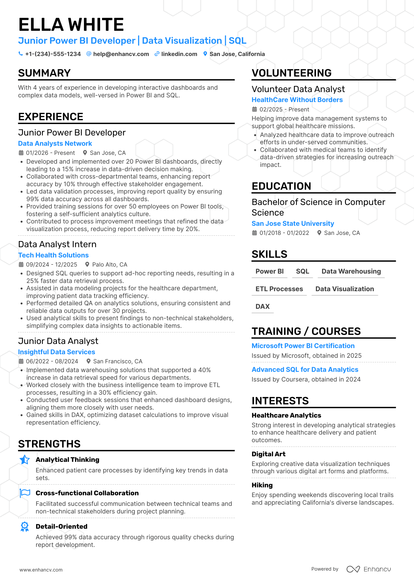 A resume example of a Junior Power BI Developer