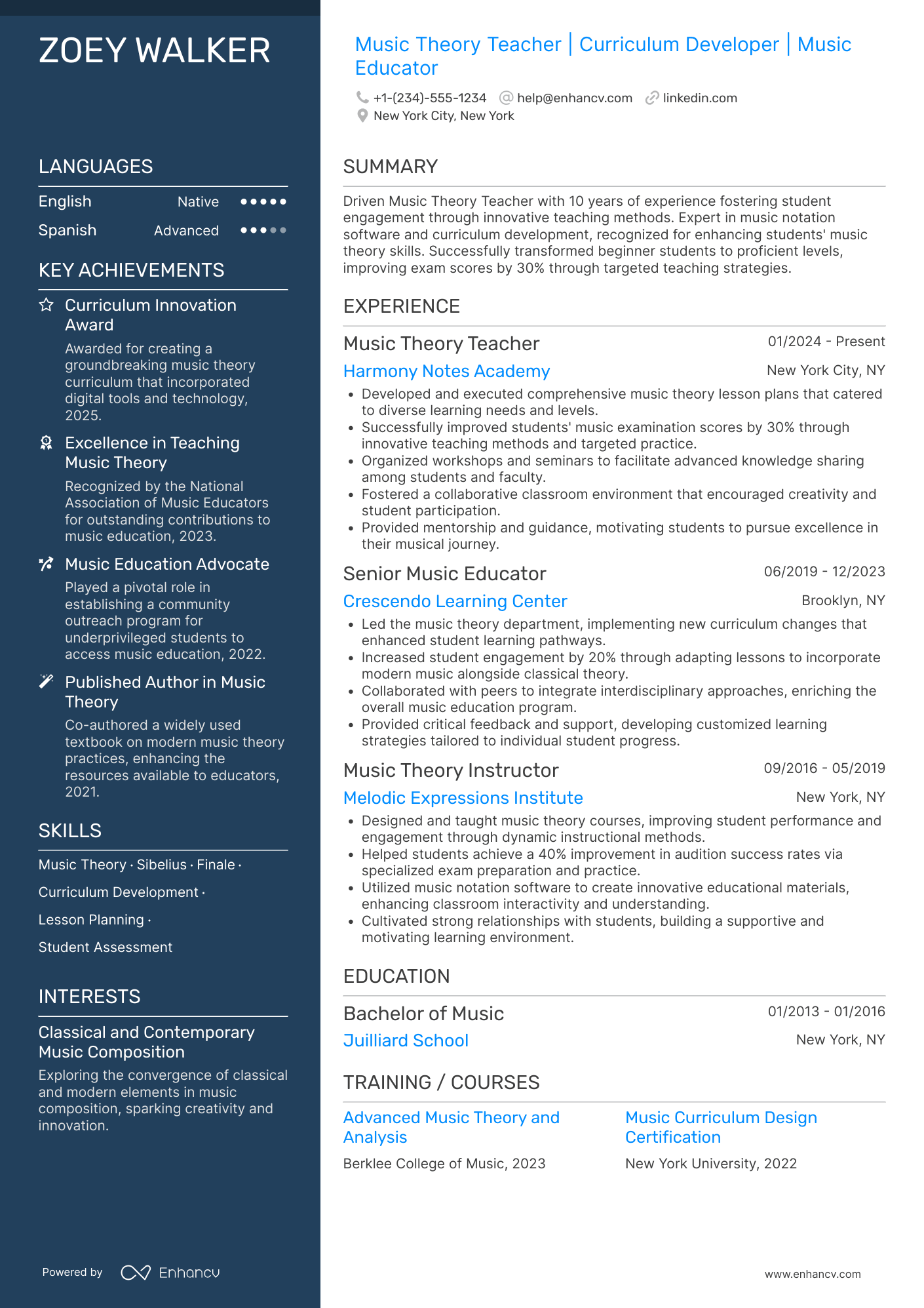 A resume example of a Music Theory Teacher