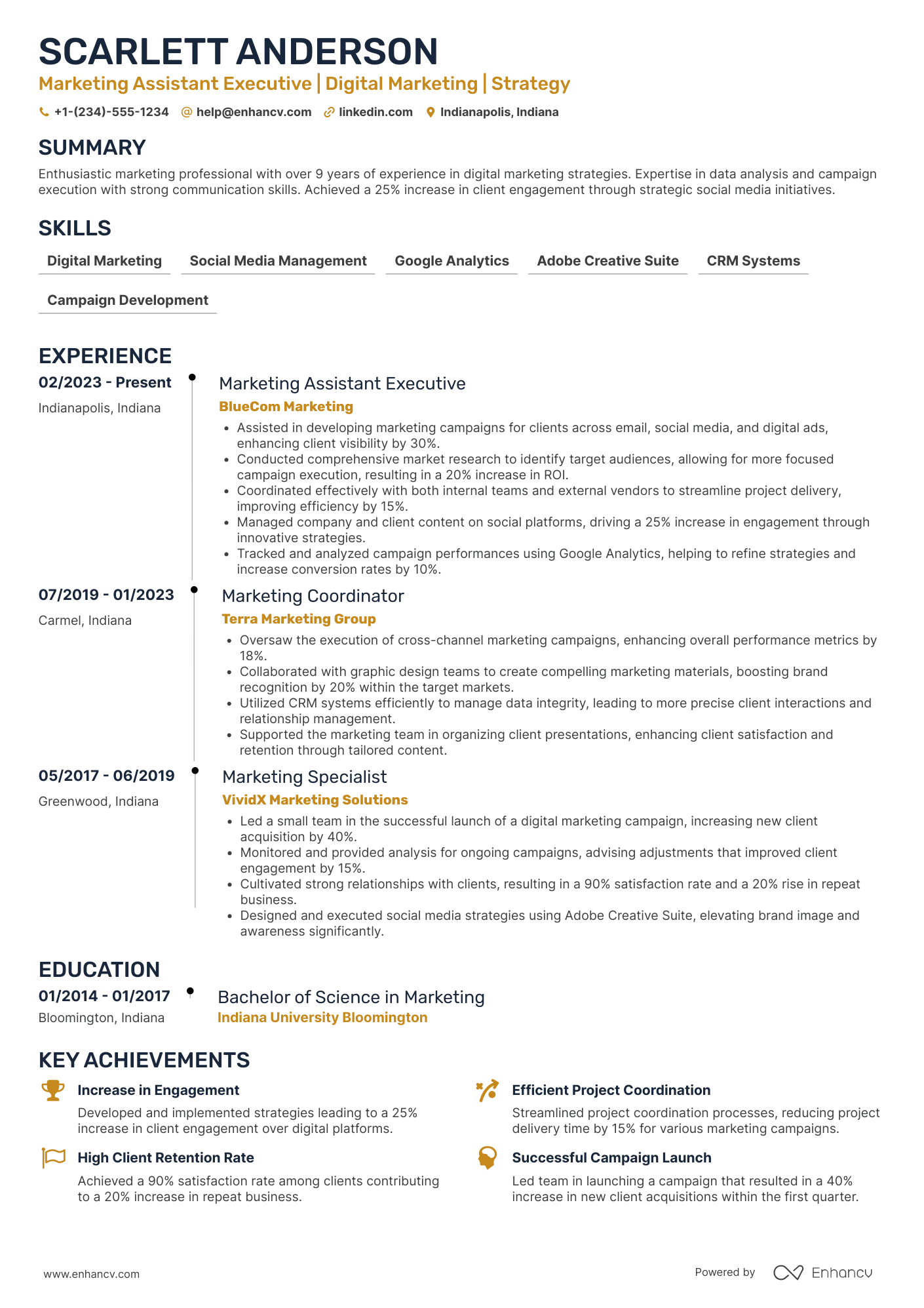 A resume example of a Marketing Assistant Executive